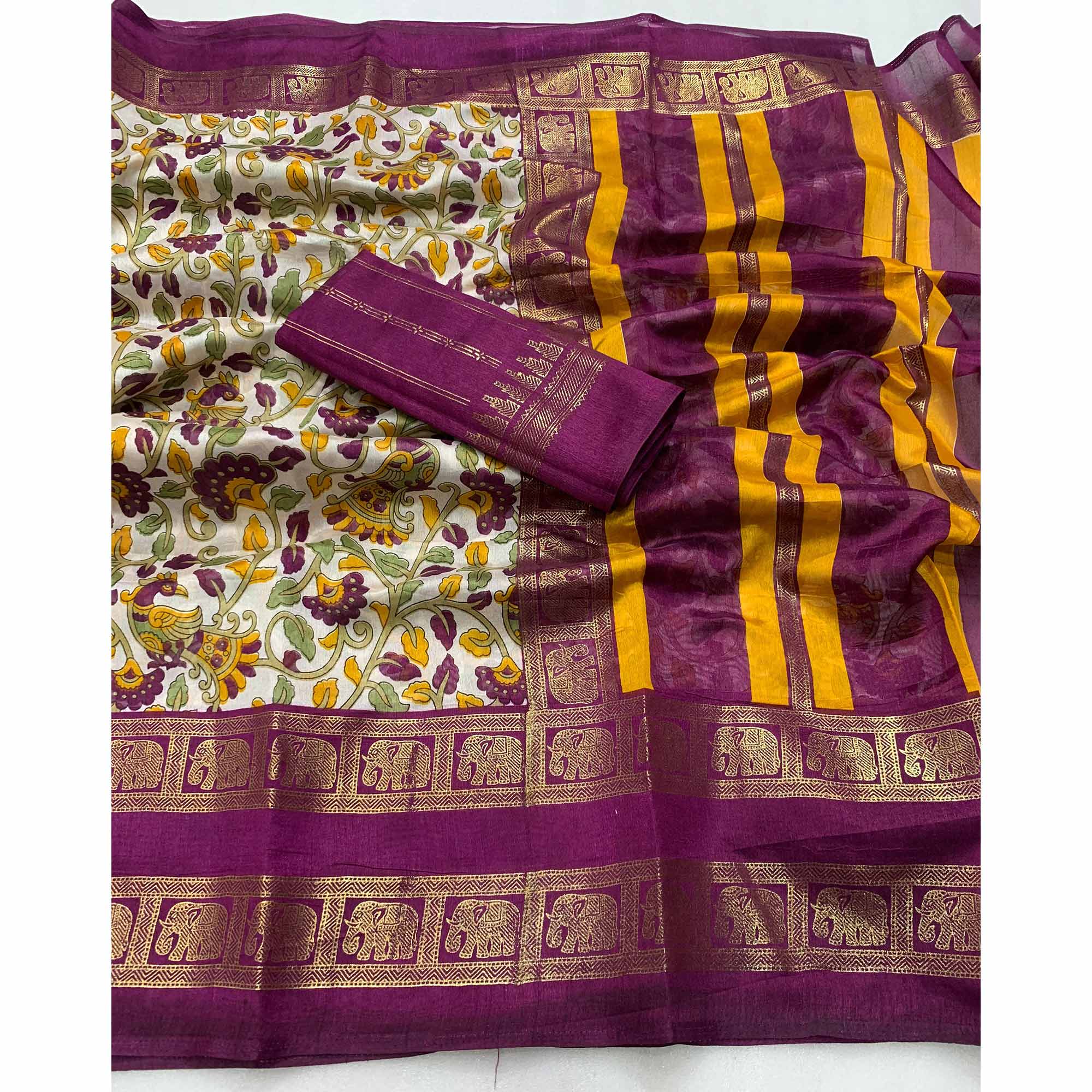 Wine Kalamkari Printed Dola Silk Saree