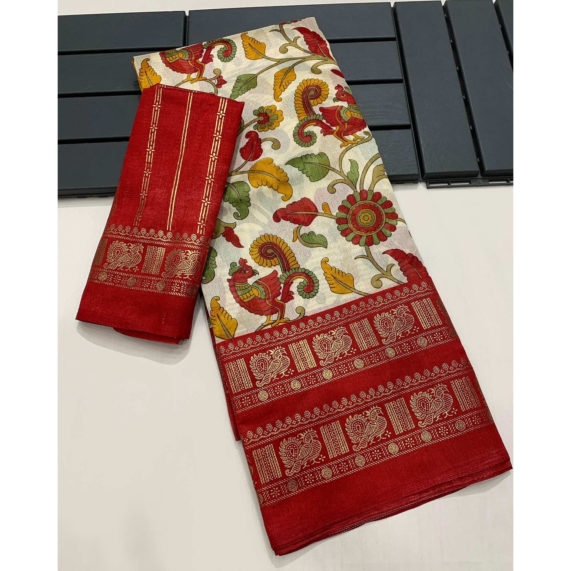 Red Floral Printed Dola Silk Saree