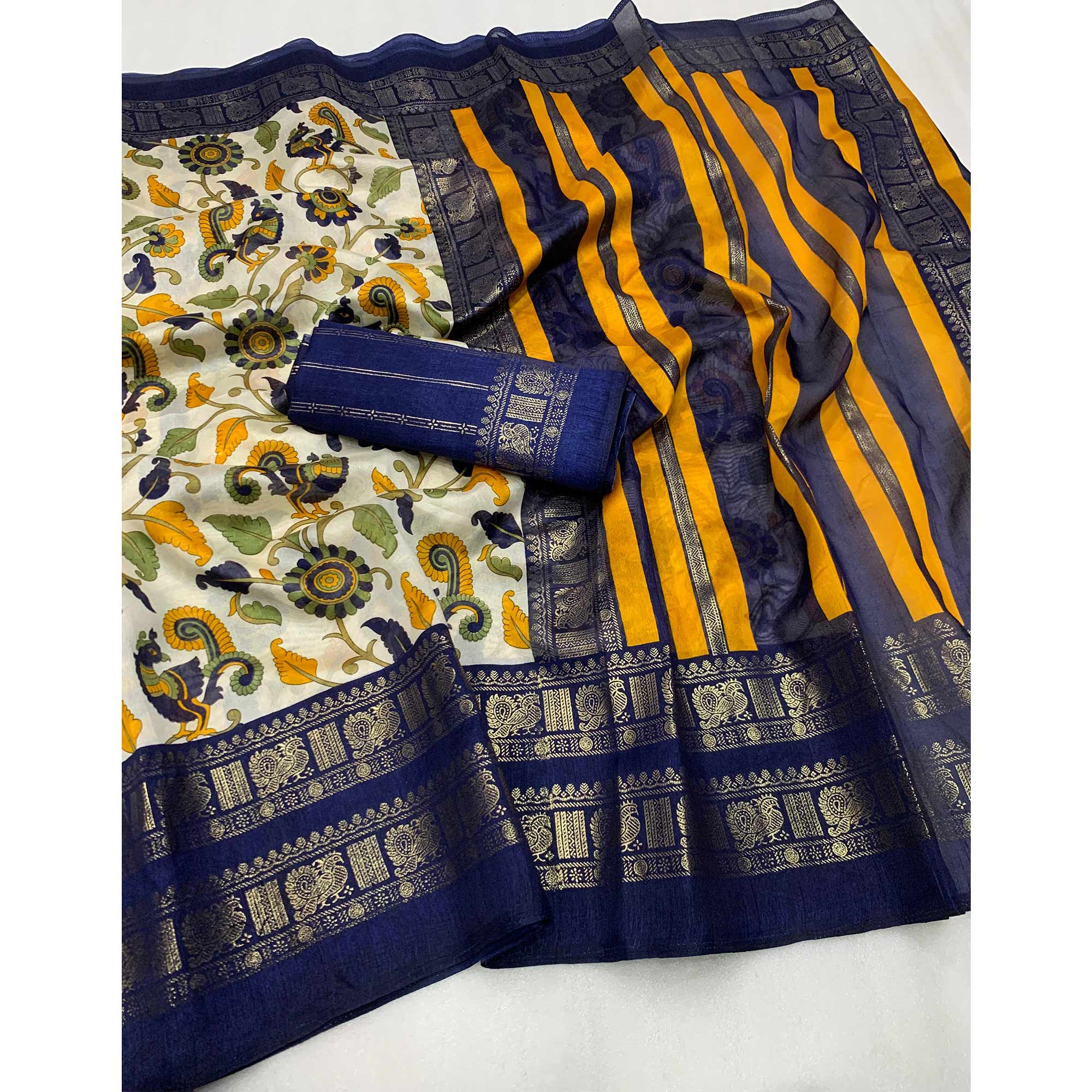 Blue Kalamkari Printed Dola Silk Saree