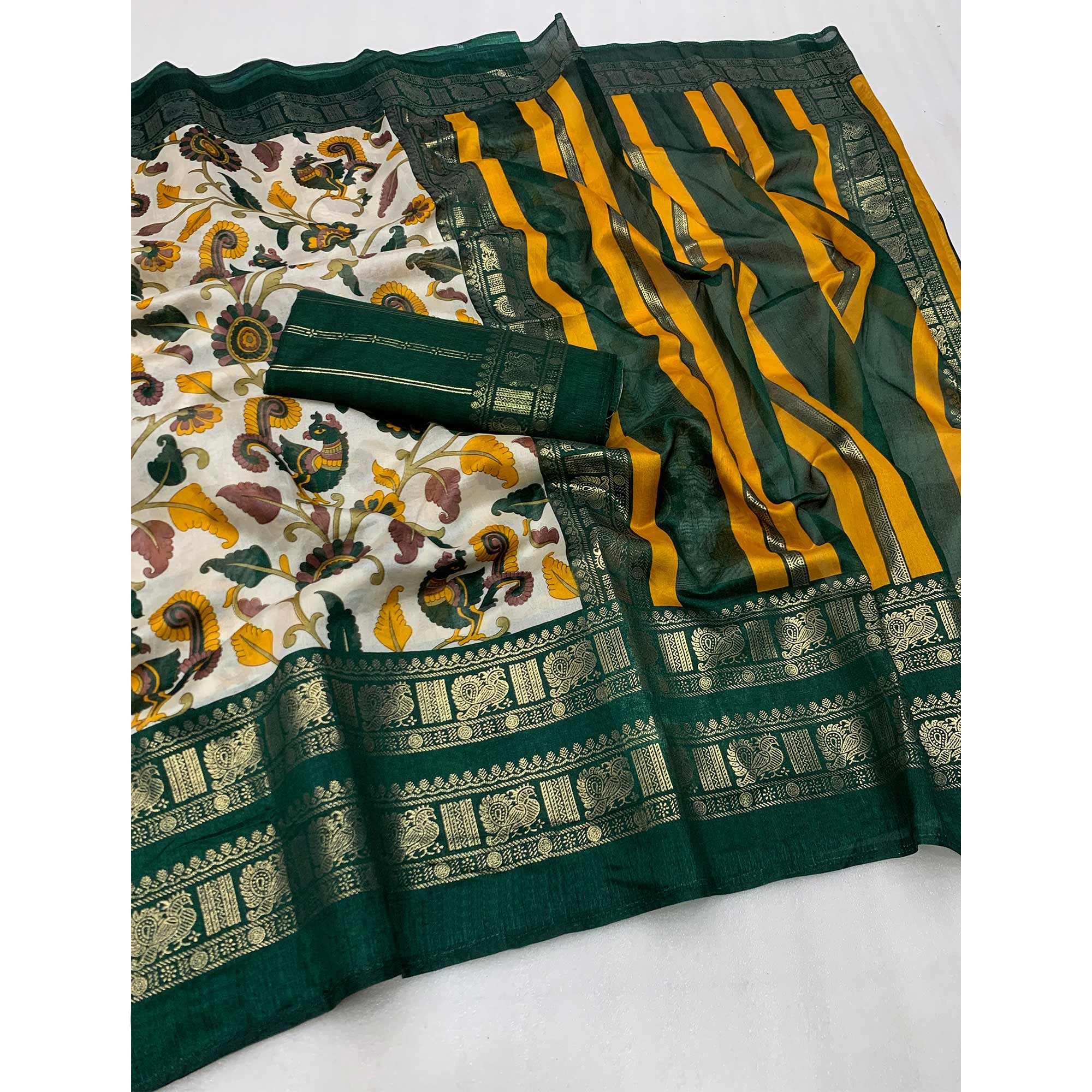 Green Kalamkari Printed Dola Silk Saree