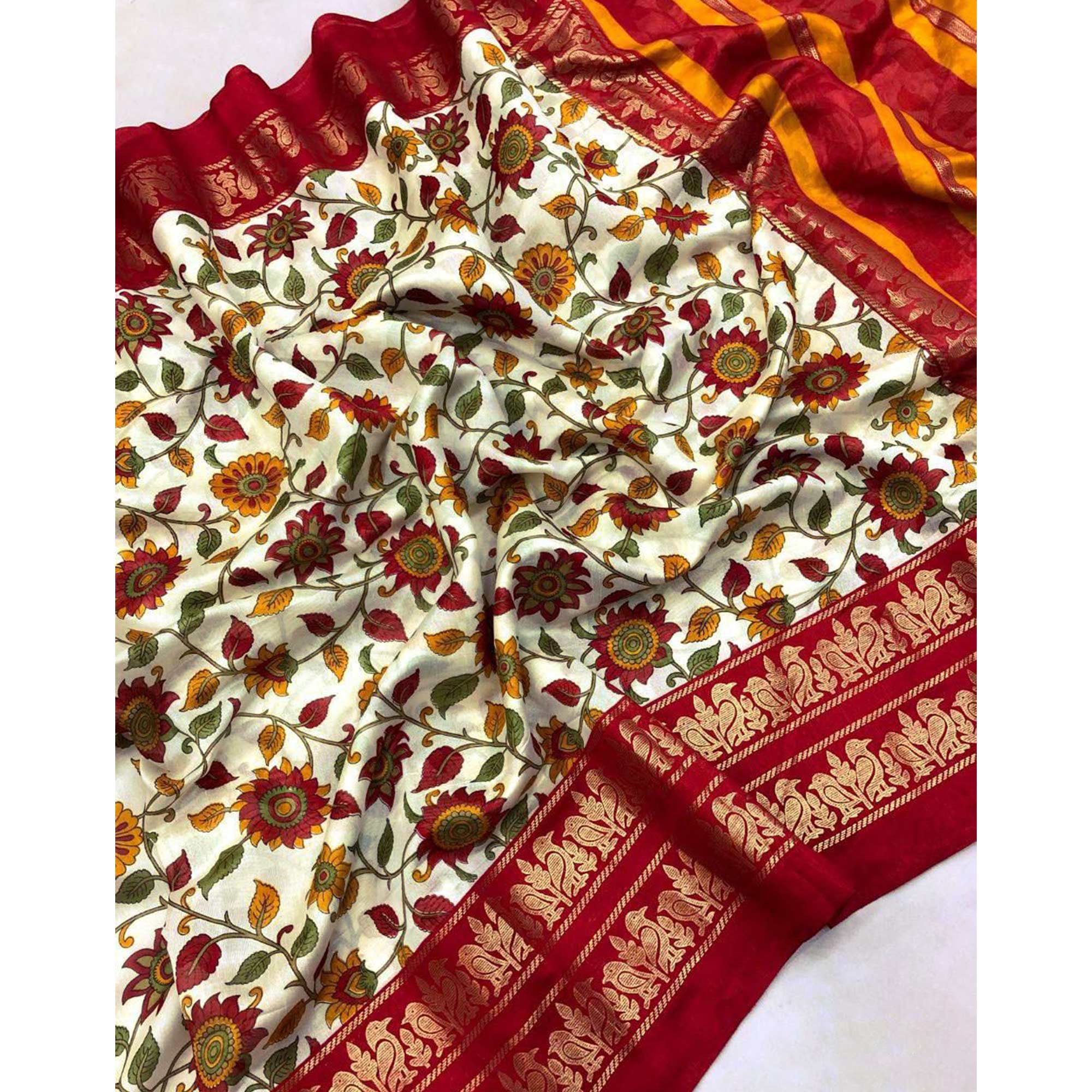 Red Kalamkari Printed Dola Silk Saree