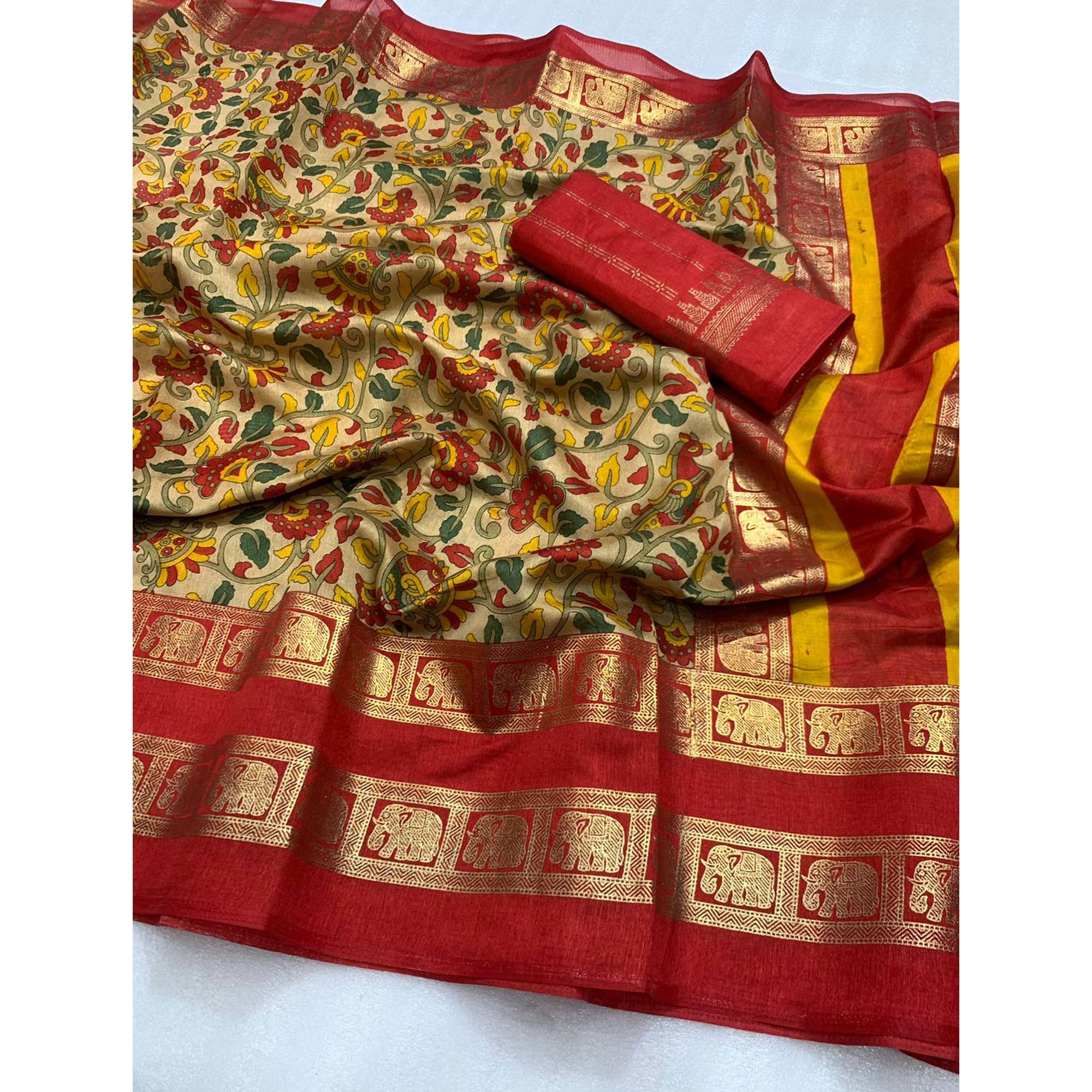 Chikoo Floral Kalamkari Printed Dola Silk Saree