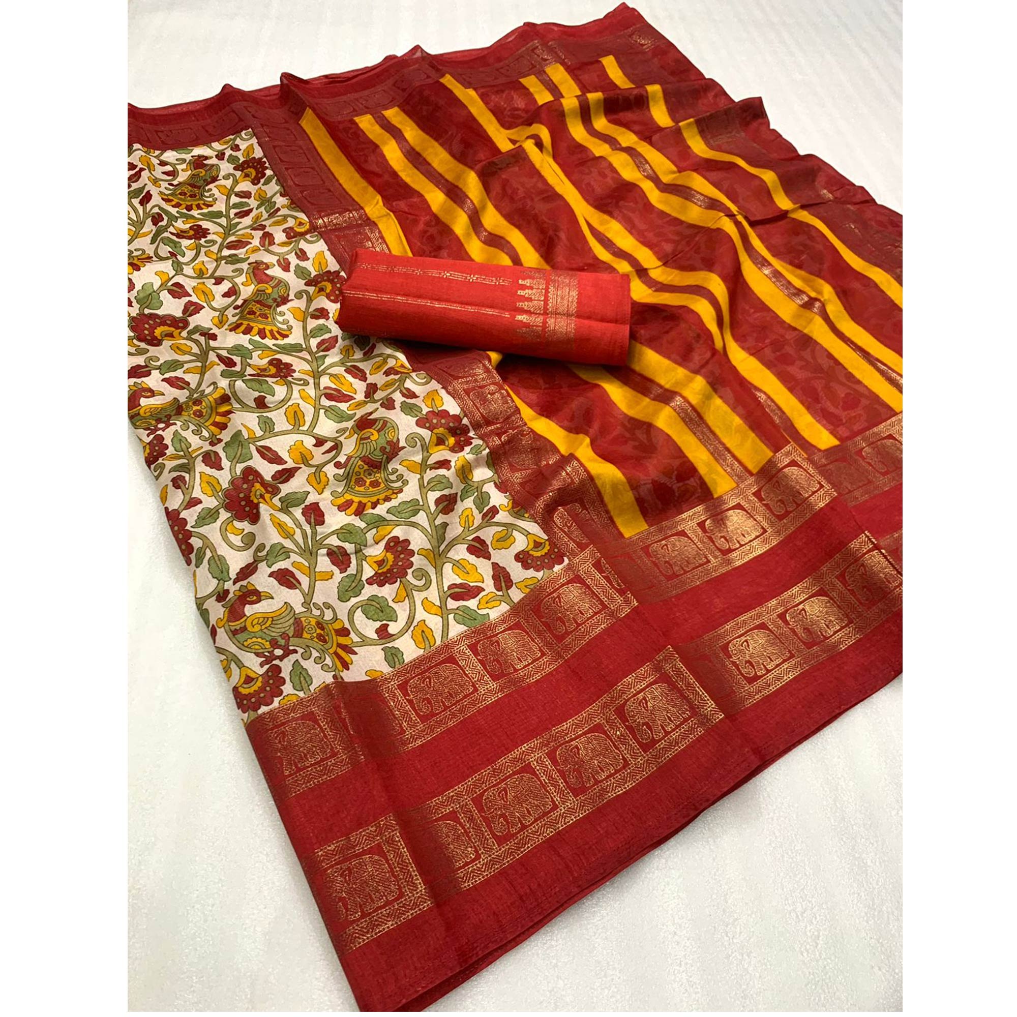 Cream Floral Kalamkari Printed Dola Silk Saree