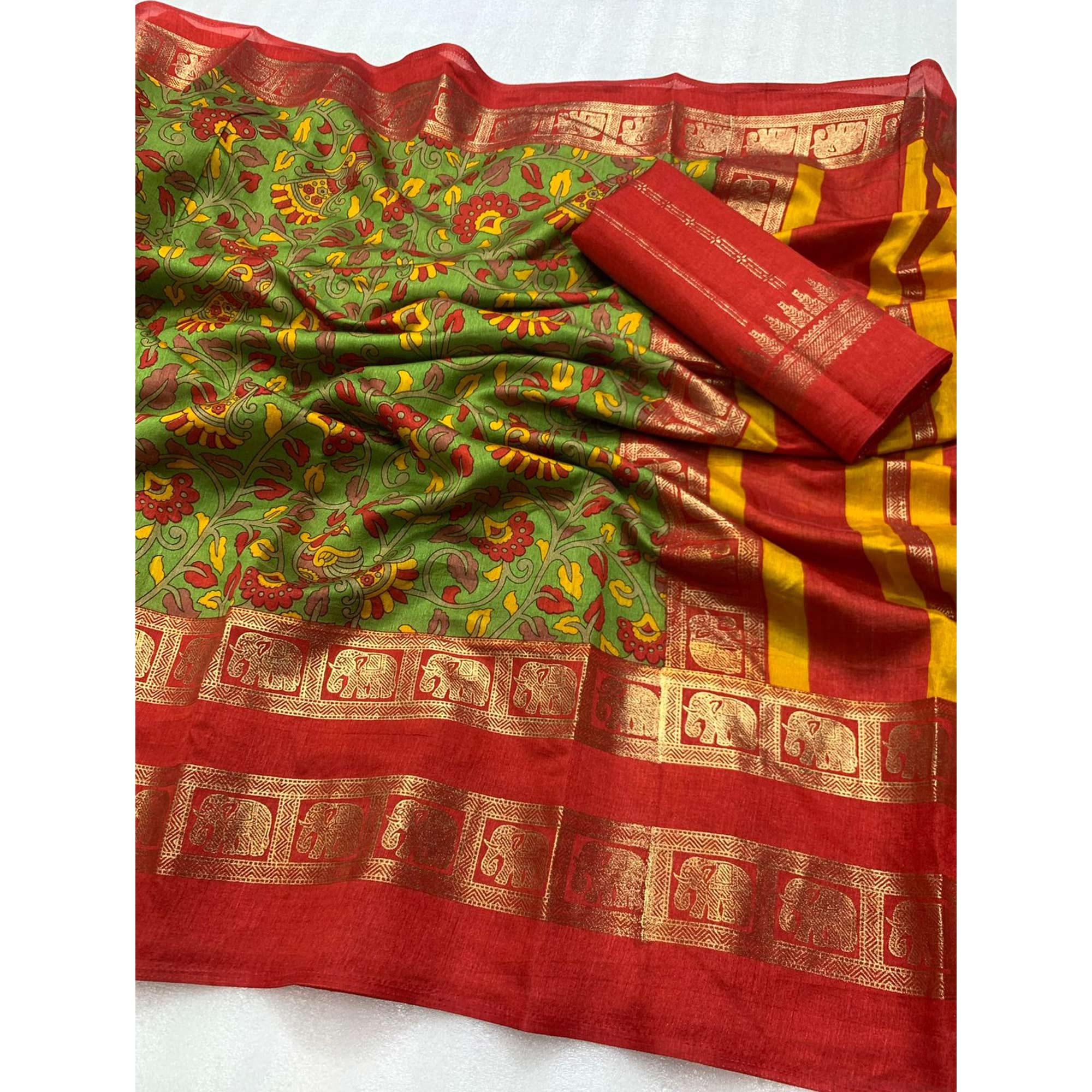 Green Floral Kalamkari Printed Dola Silk Saree