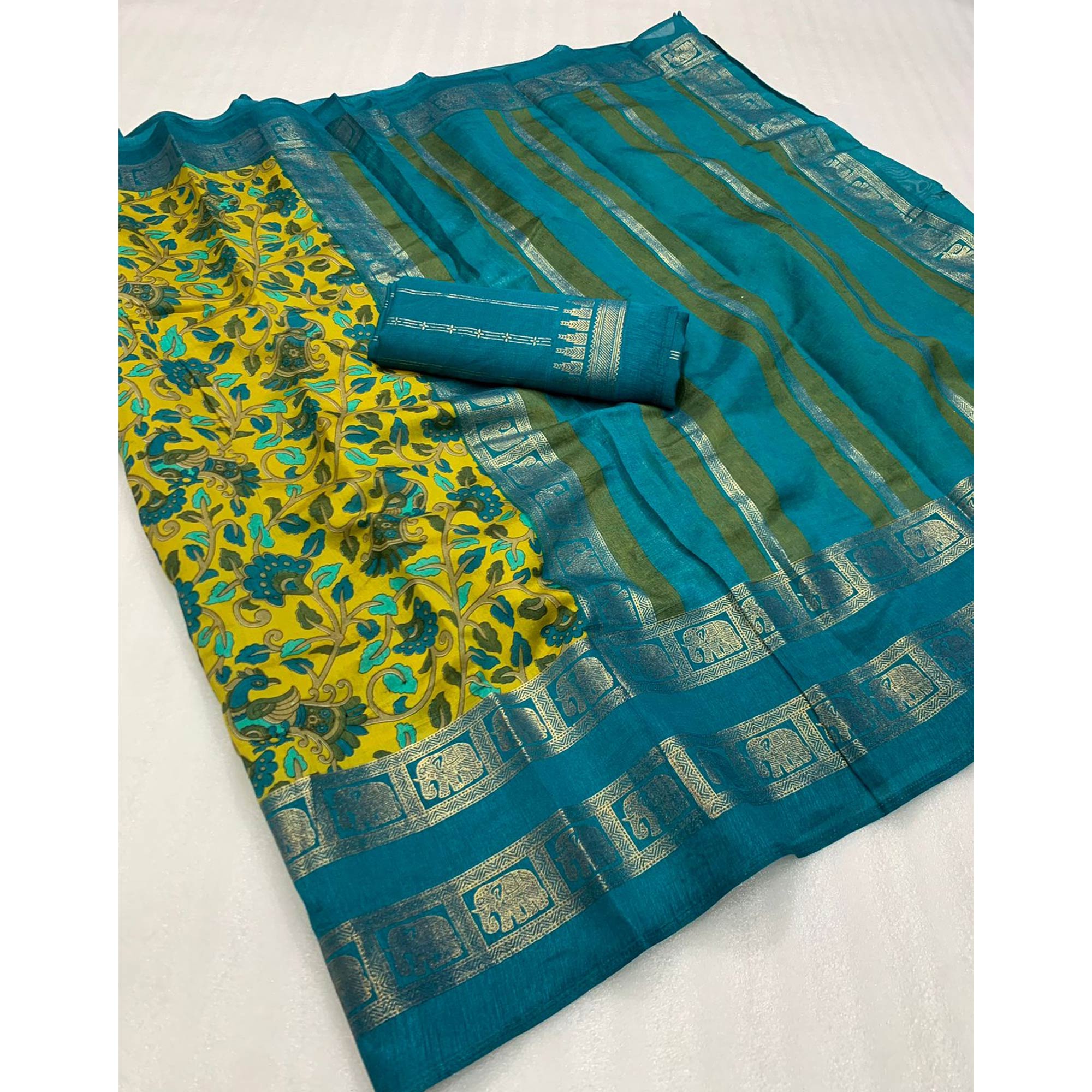 Lemon Green Floral Kalamkari Printed Dola Silk Saree