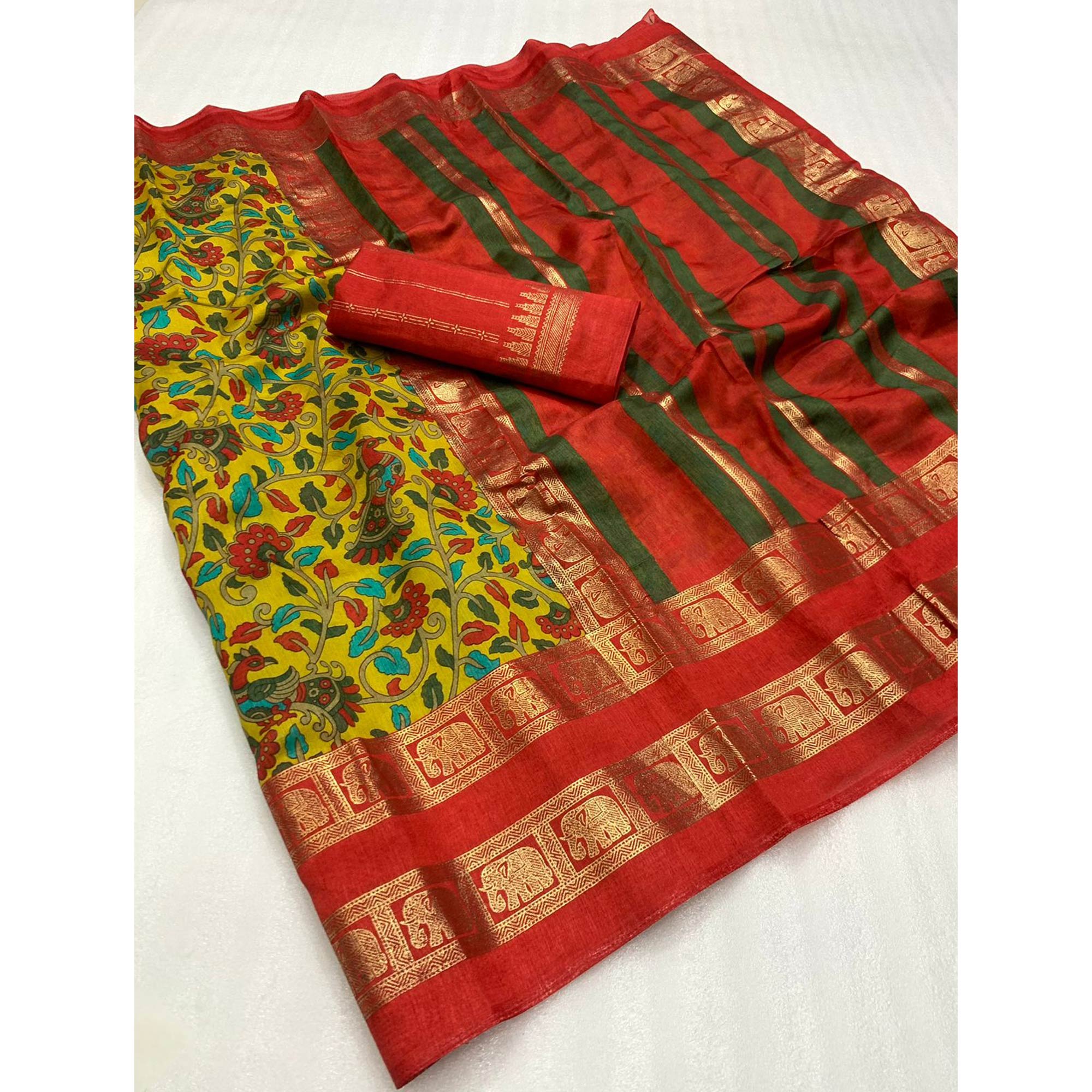 Parrot Green Floral Kalamkari Printed Dola Silk Saree