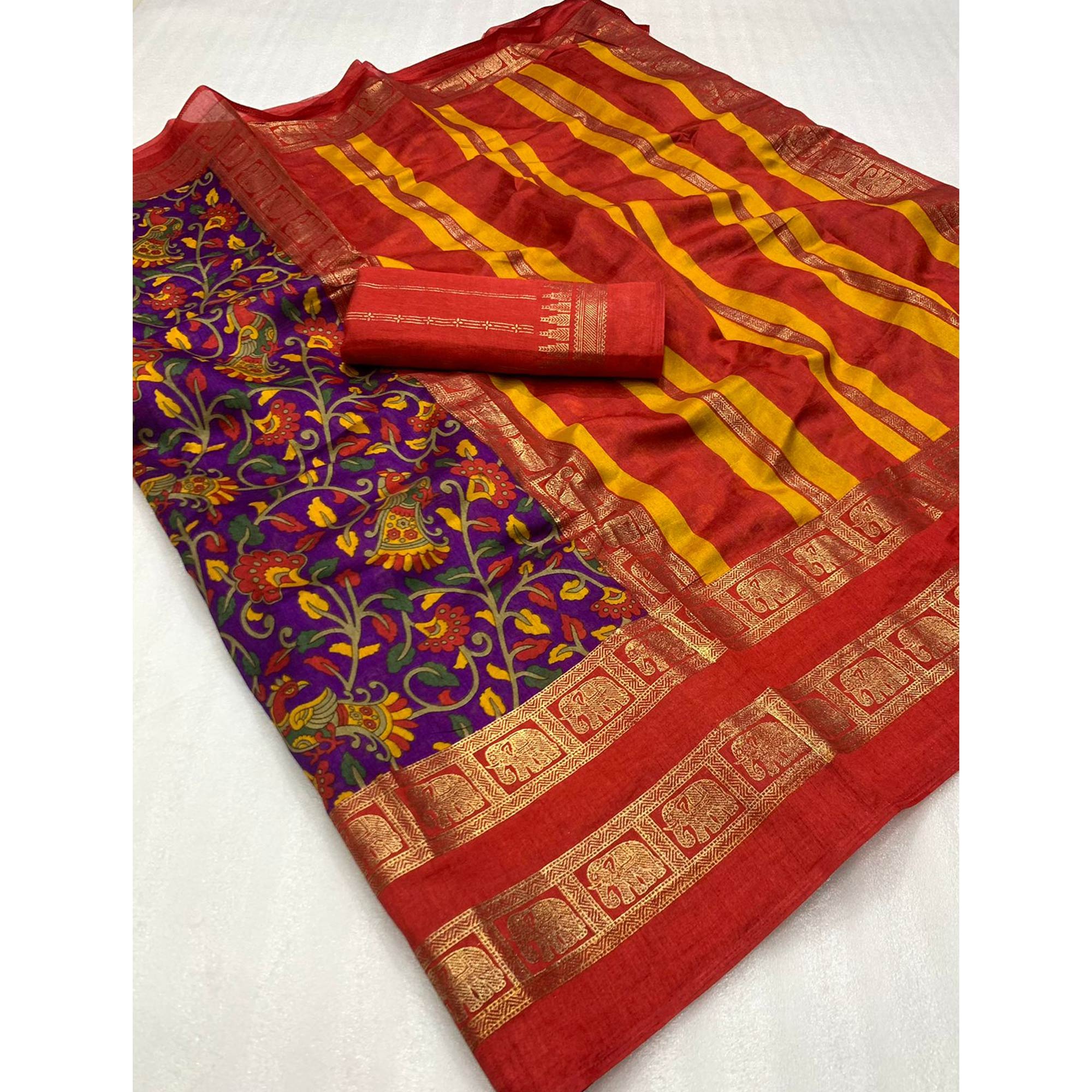 Purple Floral Kalamkari Printed Dola Silk Saree