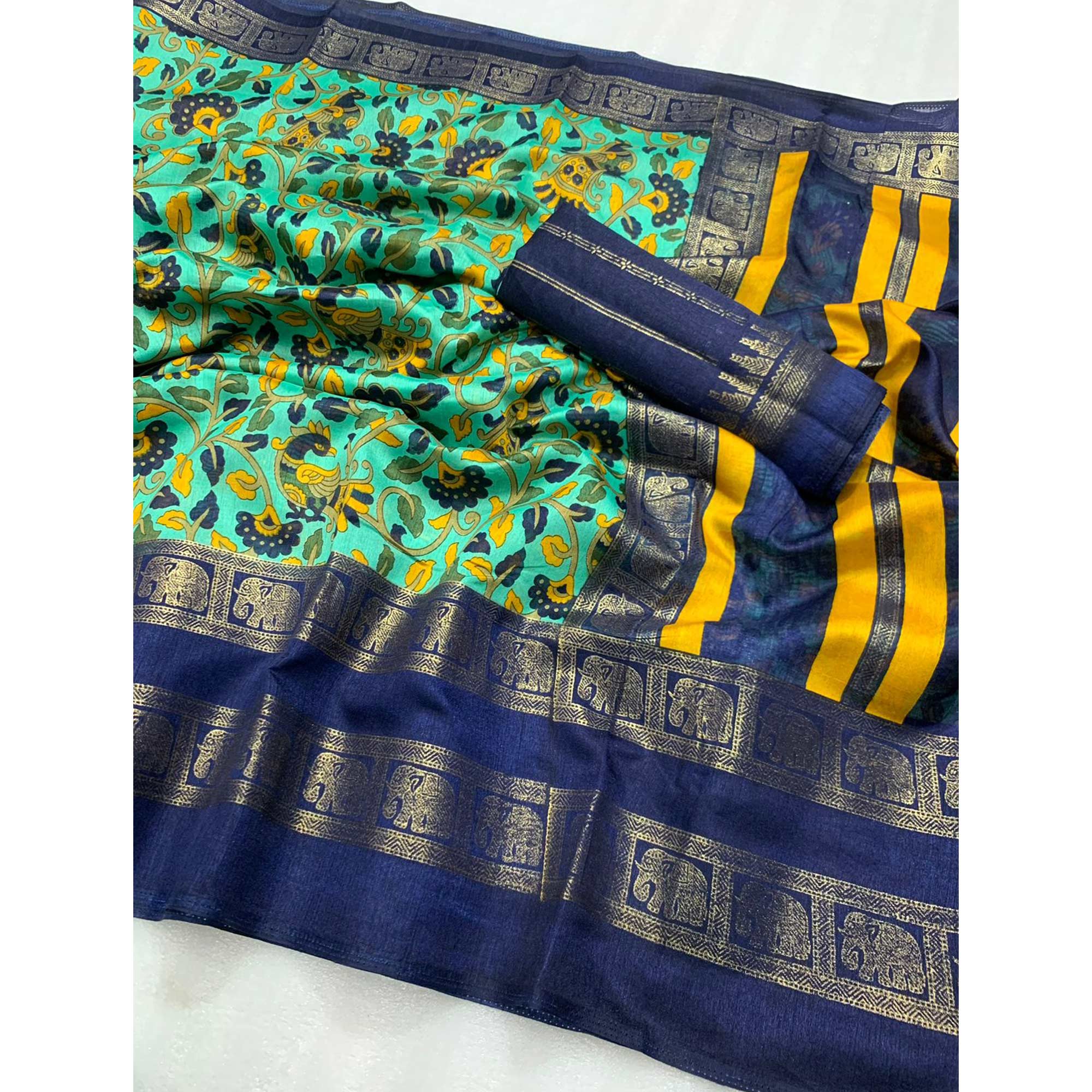 Turquoise Floral Kalamkari Printed Dola Silk Saree