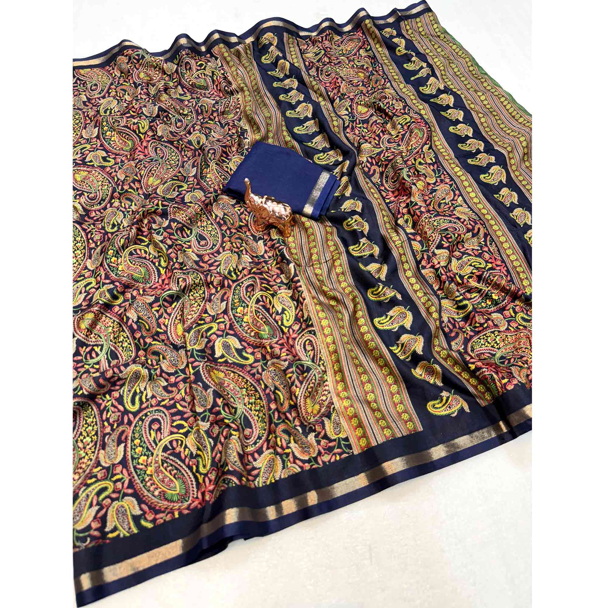 Classic Dark Navy Blue Tussar Silk Blend Saree Adorned With Elegant Paisley & Floral Kashmiri Print
