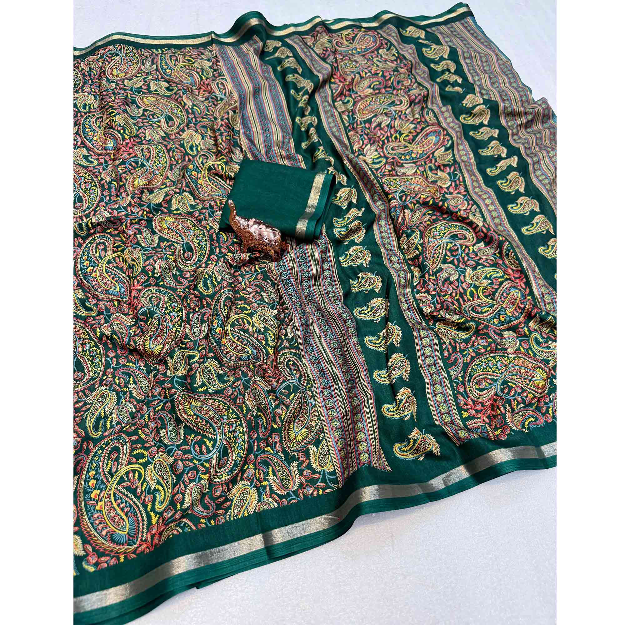 Classic Green Tussar Silk Blend Saree Adorned With Elegant Paisley & Floral Kashmiri Prints