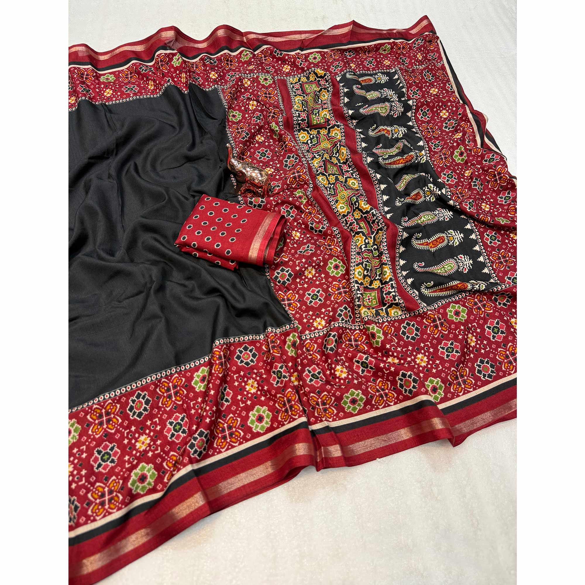 Black Kashmiri Print Tussar Silk Blend Saree With Intricate Rich Pallu & Lustrous Golden Border