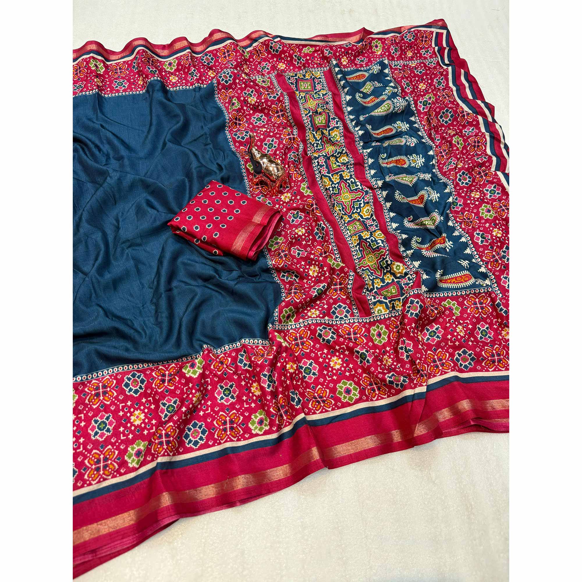 Blue Kashmiri Print Tussar Silk Blend Saree With Intricate Rich Pallu & Lustrous Golden Border