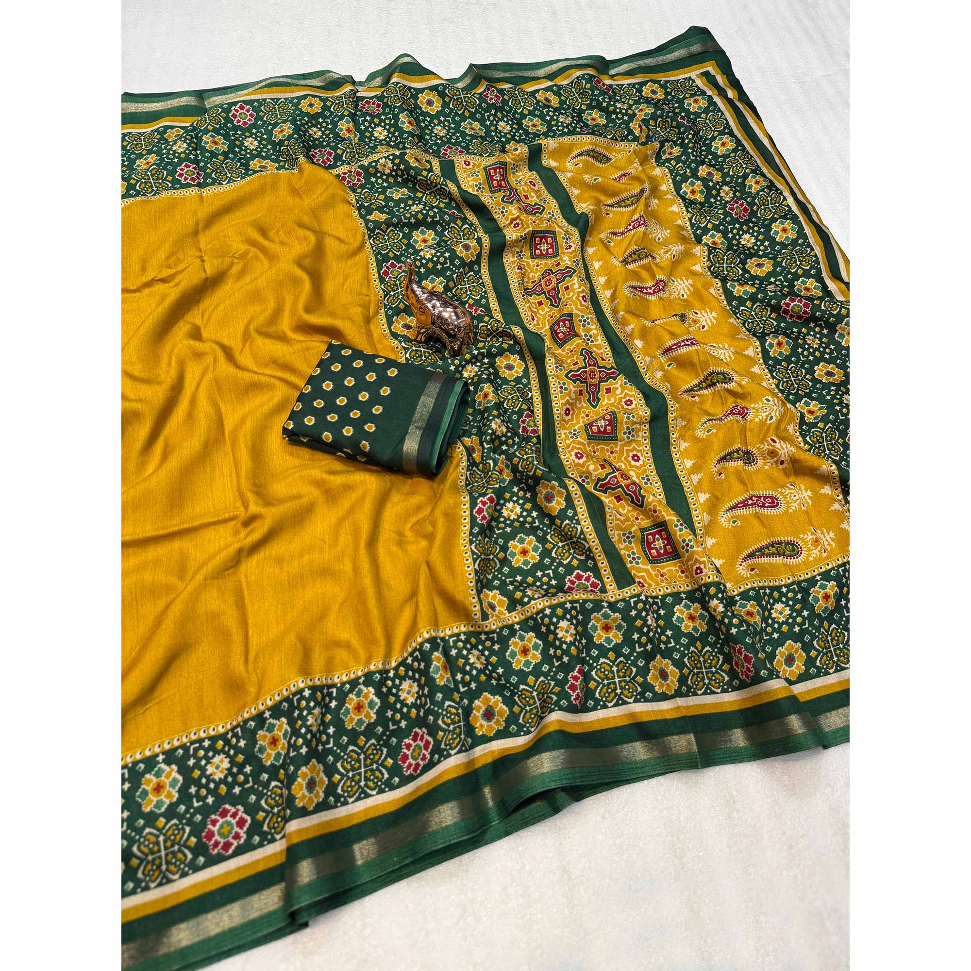 Mustard Kashmiri Print Tussar Silk Blend Saree With Intricate Rich Pallu & Lustrous Golden Border