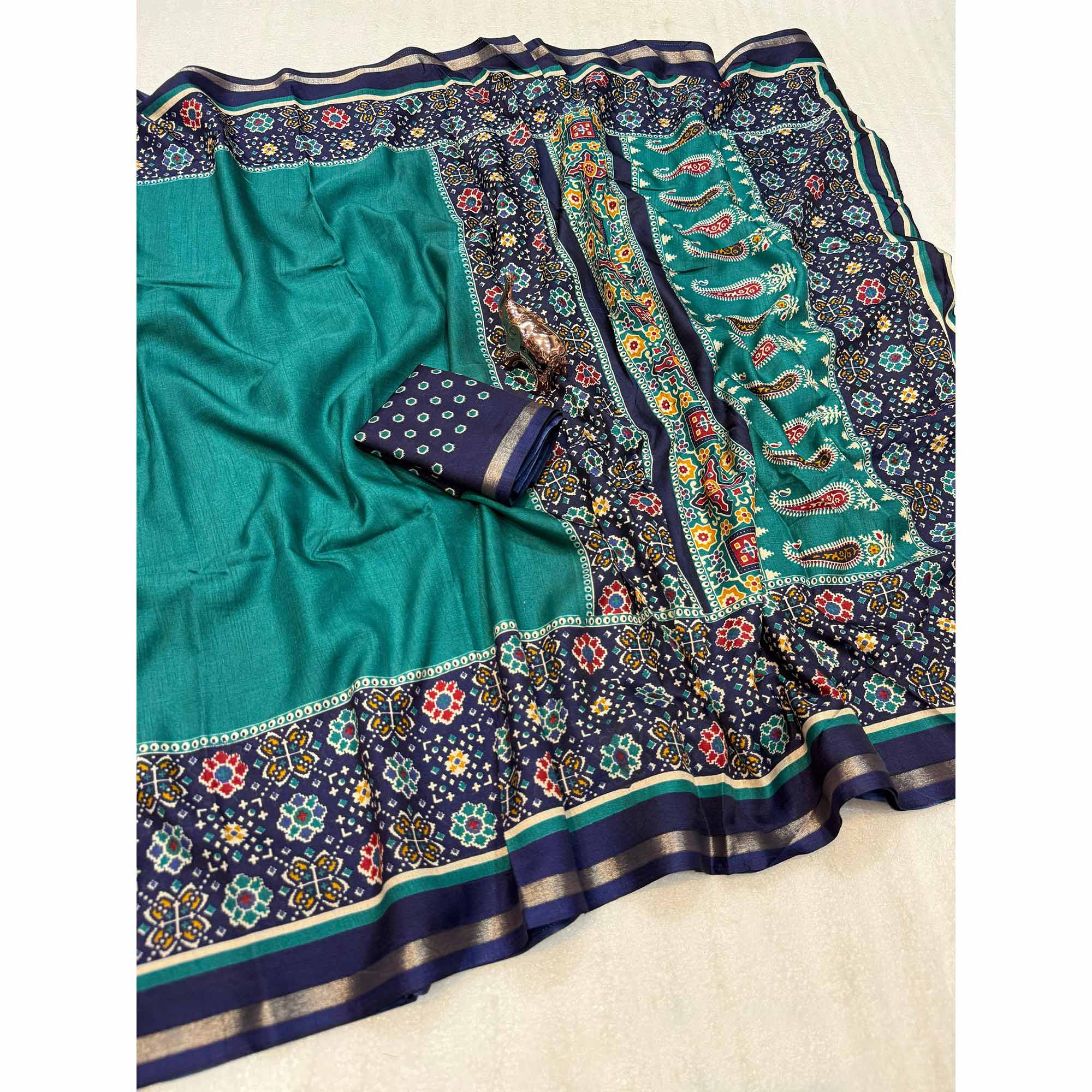 Teal Kashmiri Print Tussar Silk Blend Saree With Intricate Rich Pallu & Lustrous Golden Border