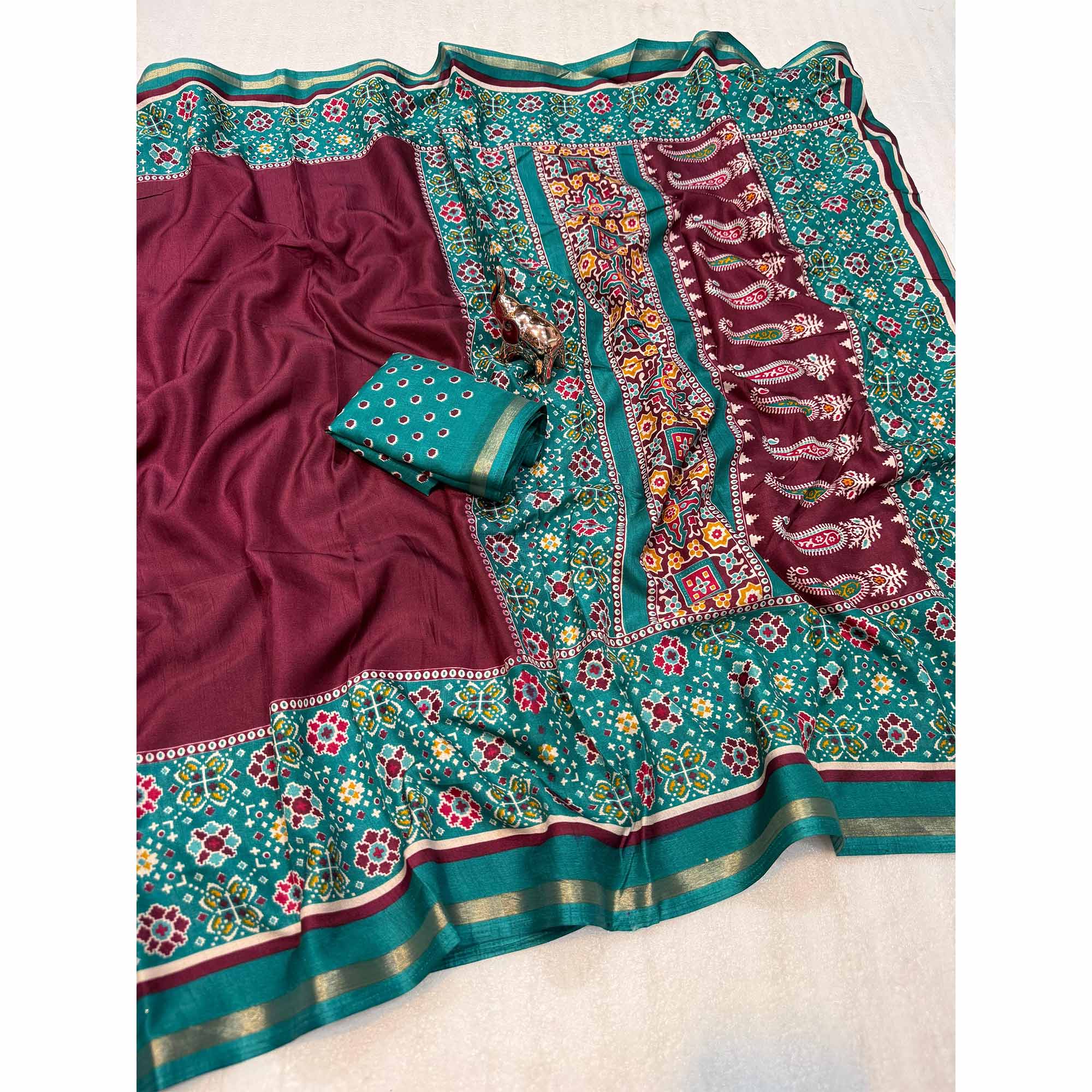 Wine Kashmiri Print Tussar Silk Blend Saree With Intricate Rich Pallu & Lustrous Golden Border