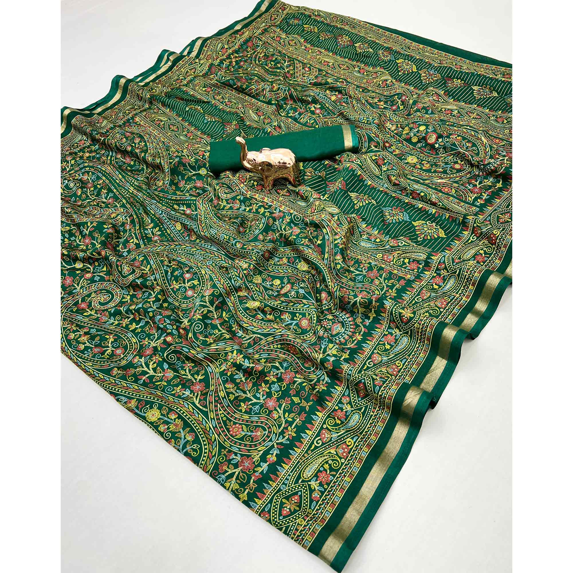 Green Floral Printed Dola Kashmiri Dola Silk Saree Highlighted With Rich Golden Zari Border