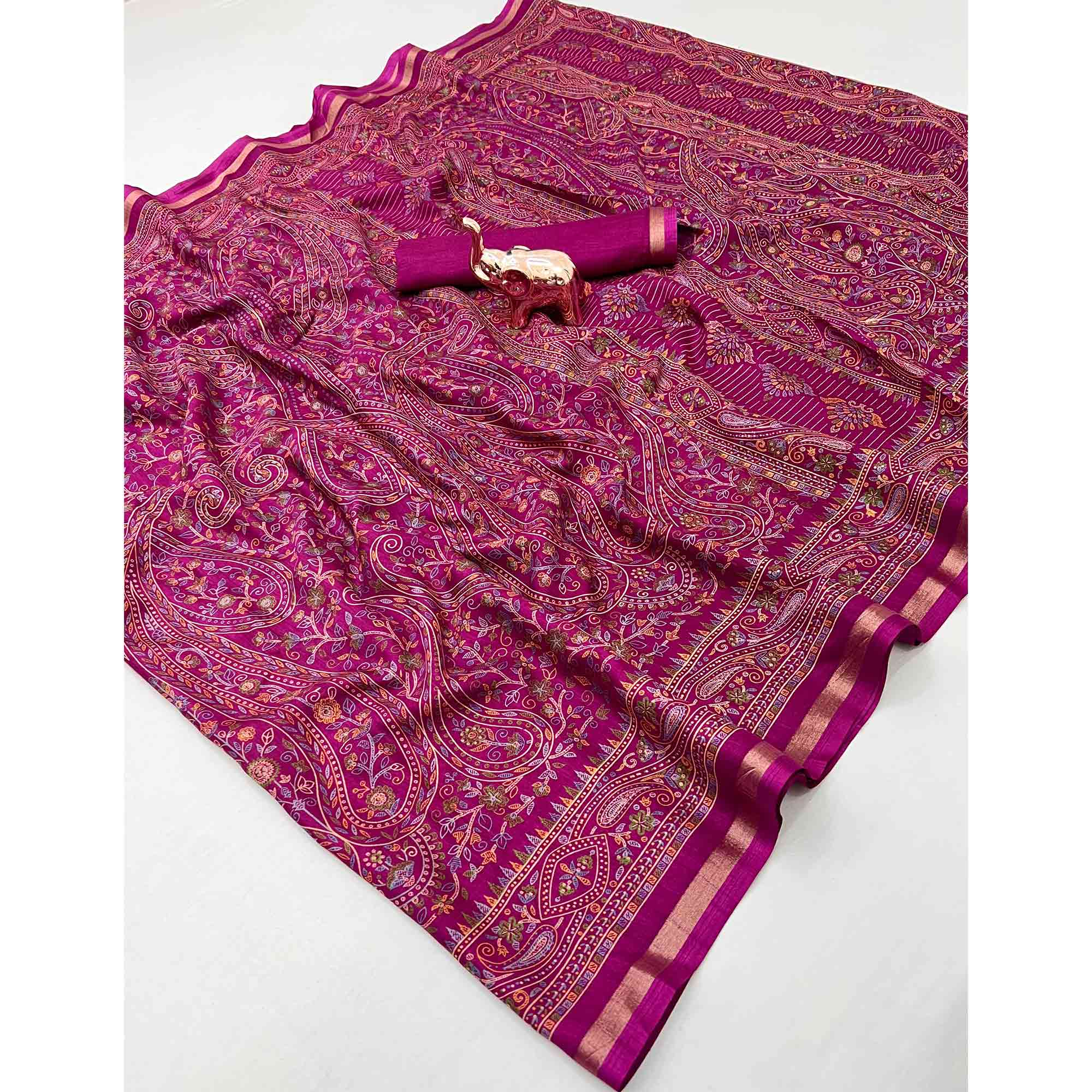 Dark Magenta Floral Printed Dola Kashmiri Dola Silk Saree Highlighted With Rich Golden Zari Border