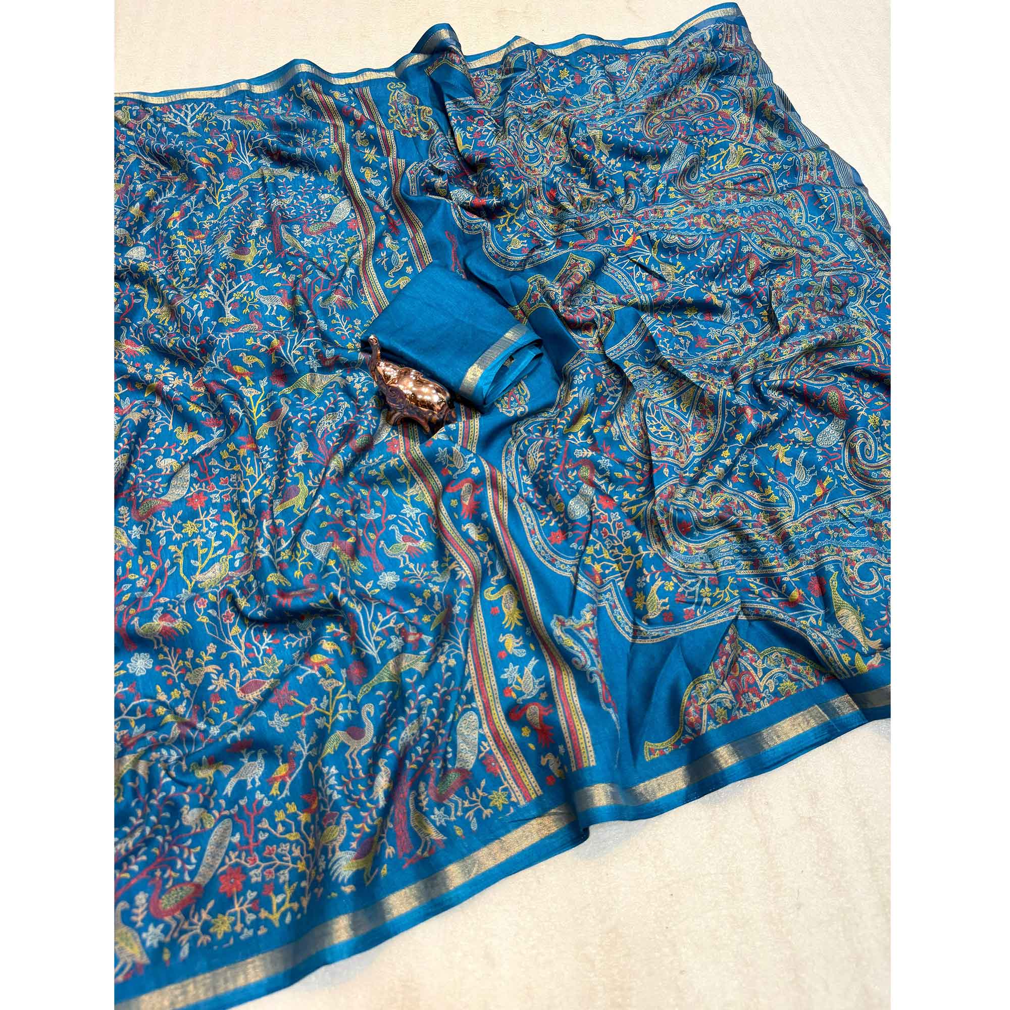 Blue Tussar Silk Blend Saree with Intricate Floral & Bird Kashmiri Print & Elegant Zari Border