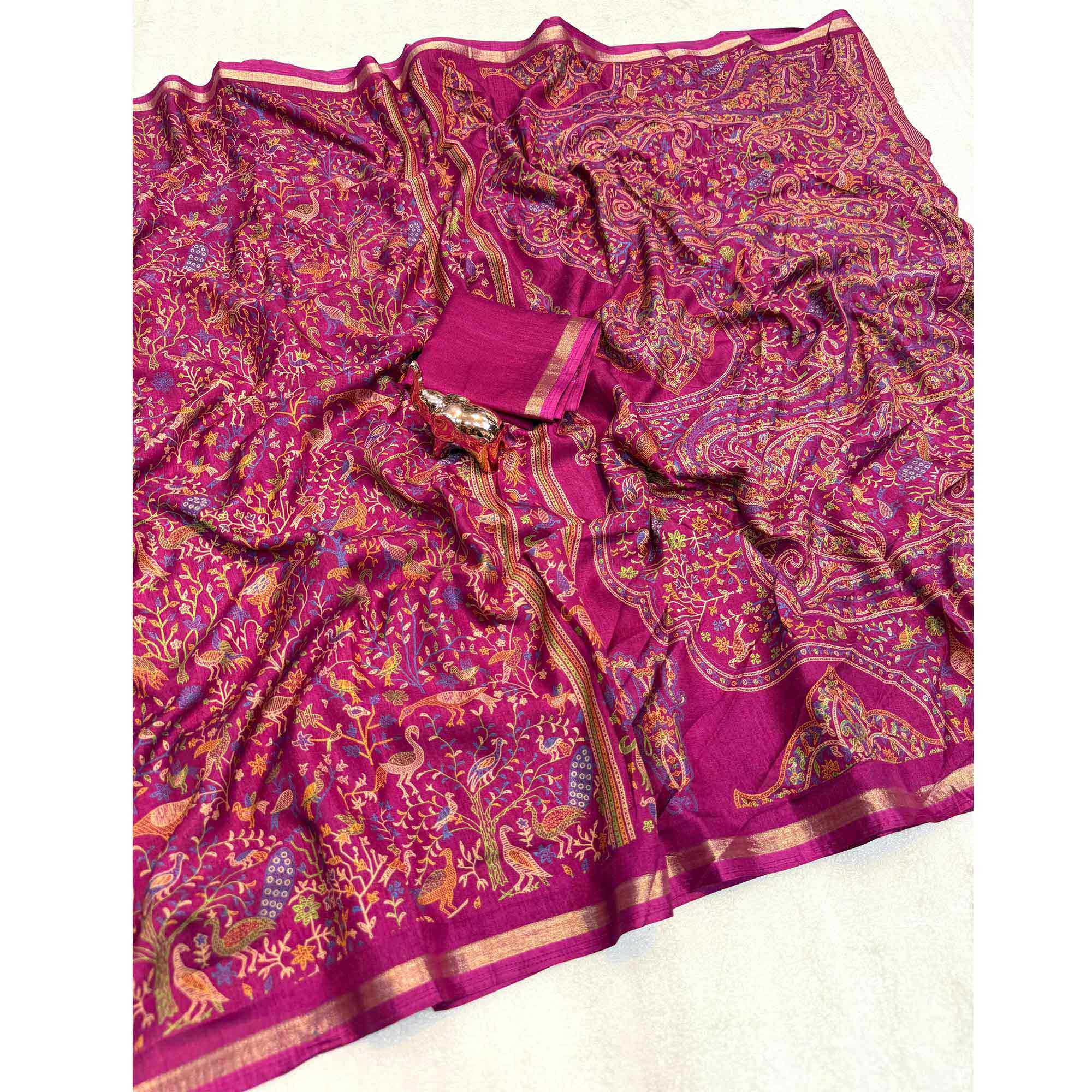 Dark Magenta Tussar Silk Blend Saree with Intricate Floral & Bird Kashmiri Print & Zari Border