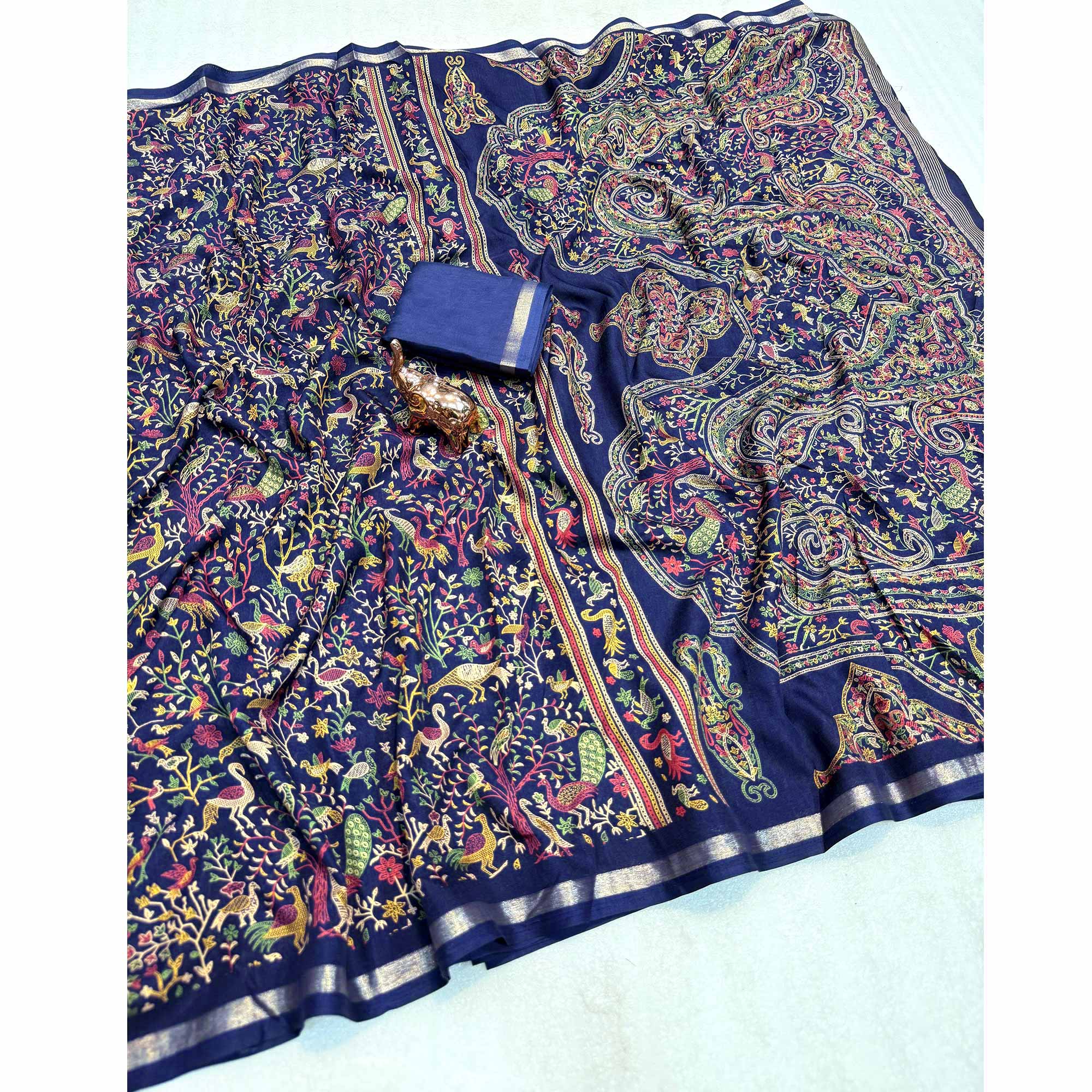 Navy Blue Tussar Silk Blend Saree with Intricate Floral & Bird Kashmiri Print & Elegant Zari Border