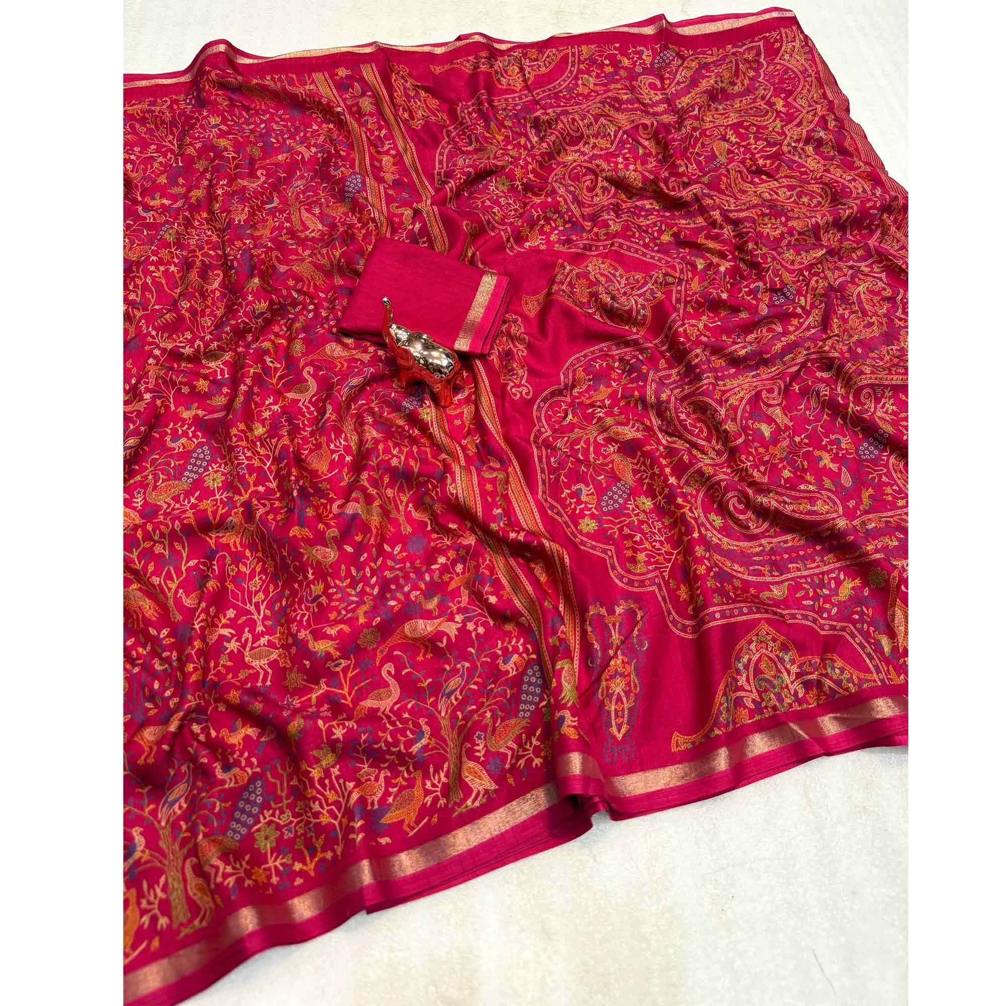 Pink Tussar Silk Blend Saree with Intricate Floral & Bird Kashmiri Print & Elegant Zari Border