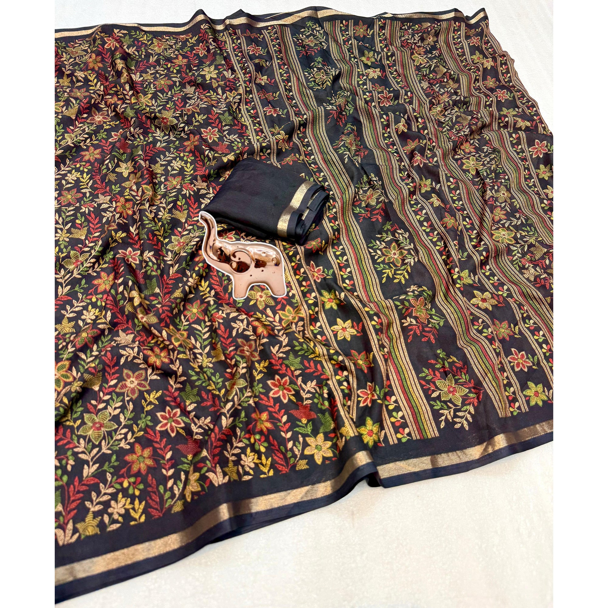 Black Kashmiri Inspired Floral Printed Tussar Silk Saree for Ethnic Occasions