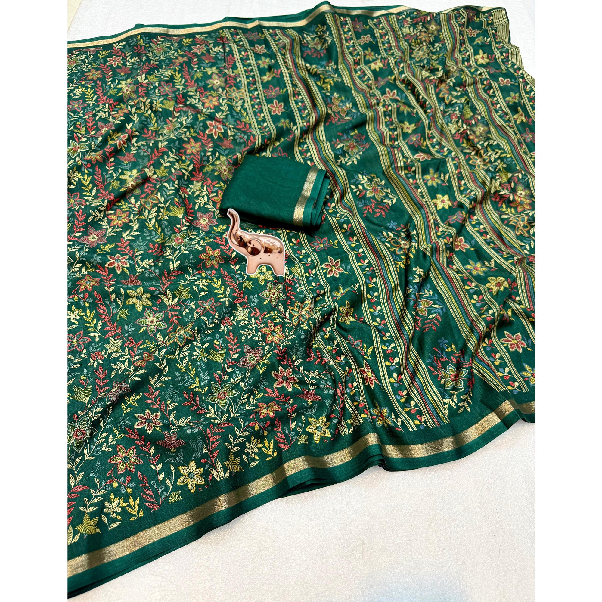 Green Kashmiri Inspired Floral Printed Tussar Silk Saree for Ethnic Occasions