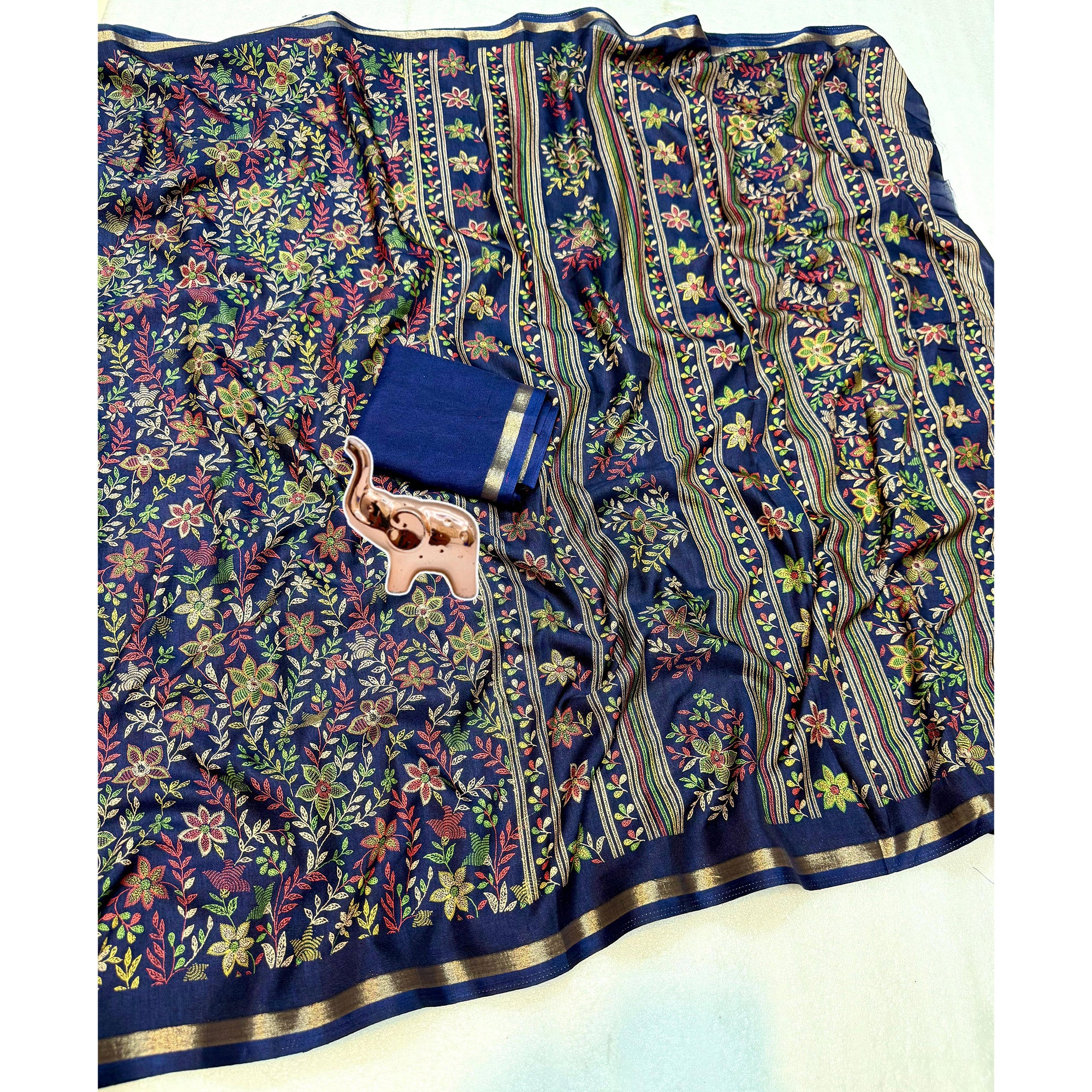 Navy Blue Kashmiri Inspired Floral Printed Tussar Silk Saree for Ethnic Occasions