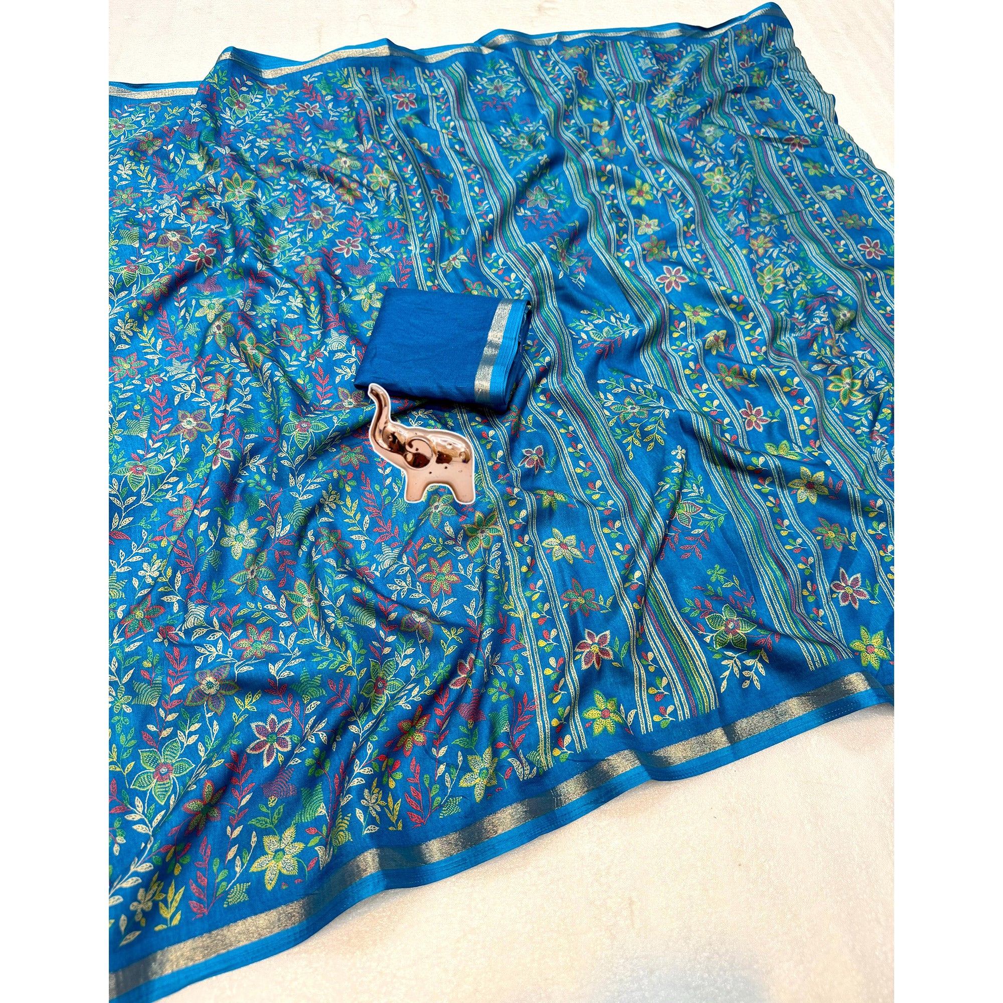 Teal Kashmiri Inspired Floral Printed Tussar Silk Saree for Ethnic Occasions