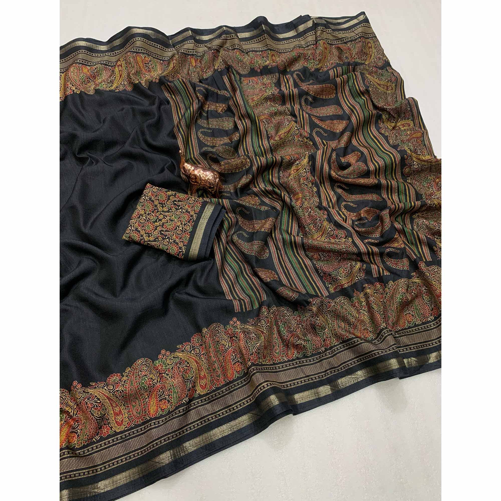 Traditional Black Kashmiri Printed Silk Blend Saree