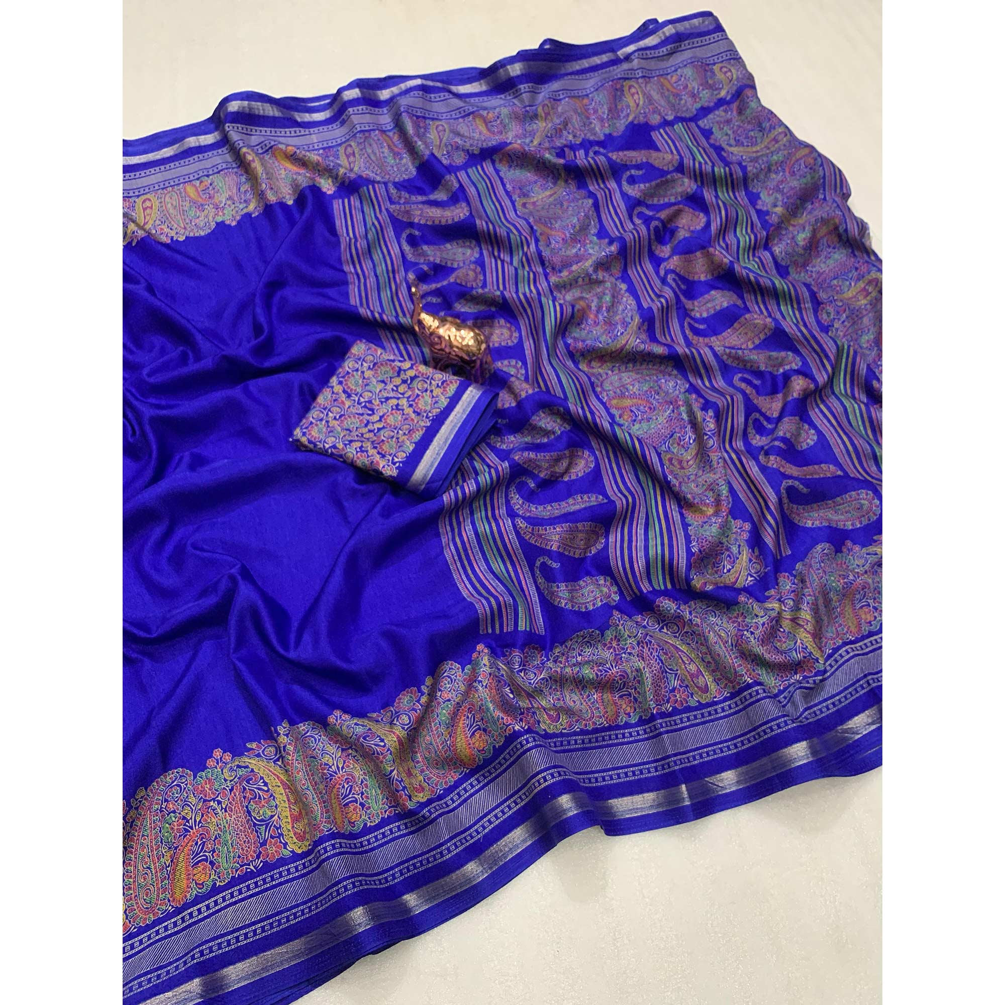 Traditional Blue Kashmiri Printed Silk Blend Saree