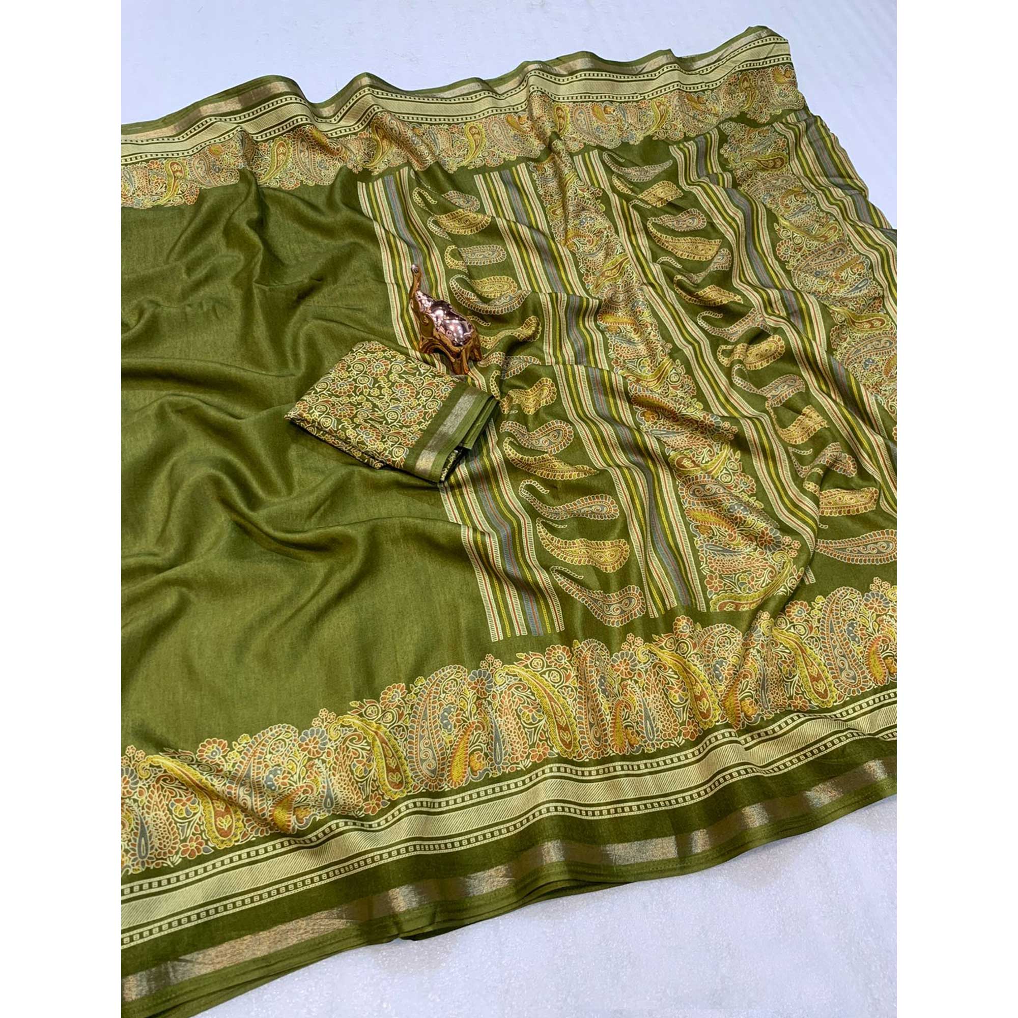 Mehendi Green Silk Blend Saree With Timeless Kashmiri Print Elegance