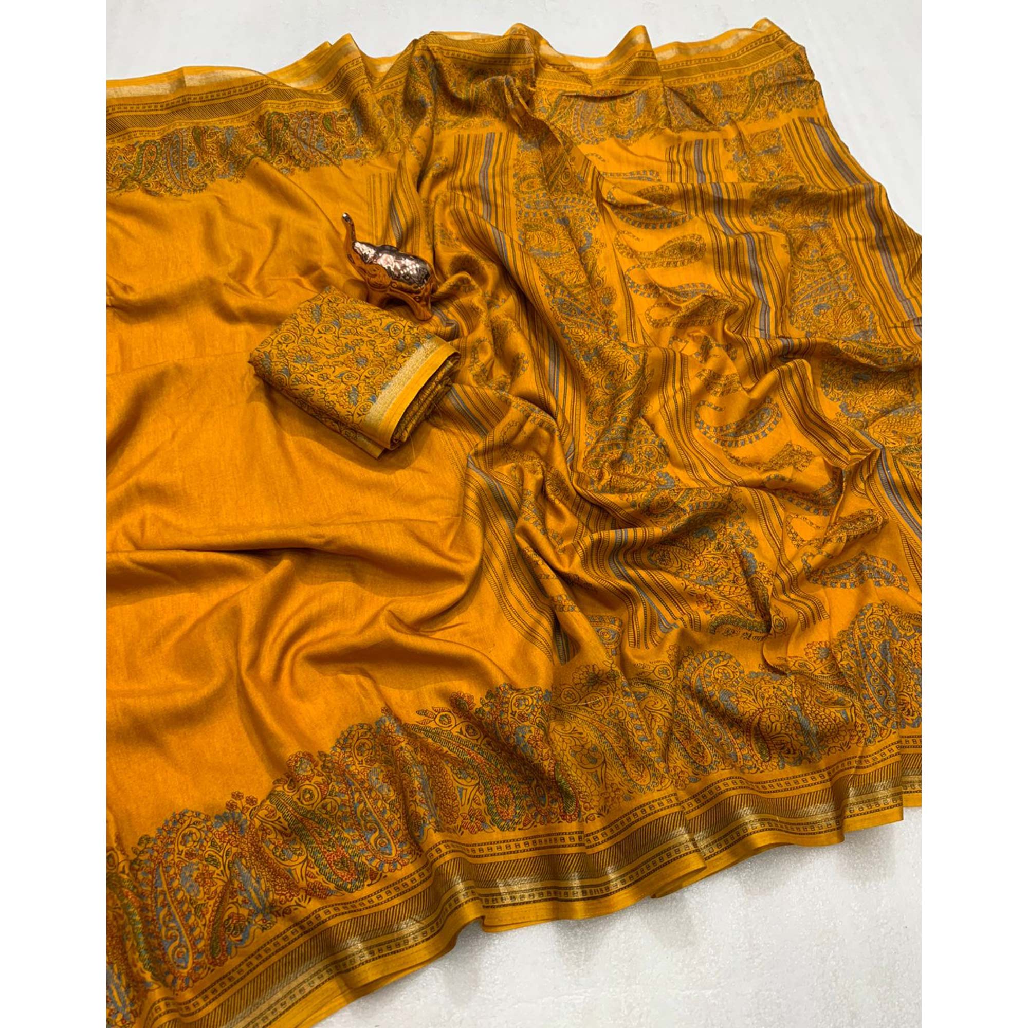 Mustard Silk Blend Saree With Timeless Kashmiri Print Elegance
