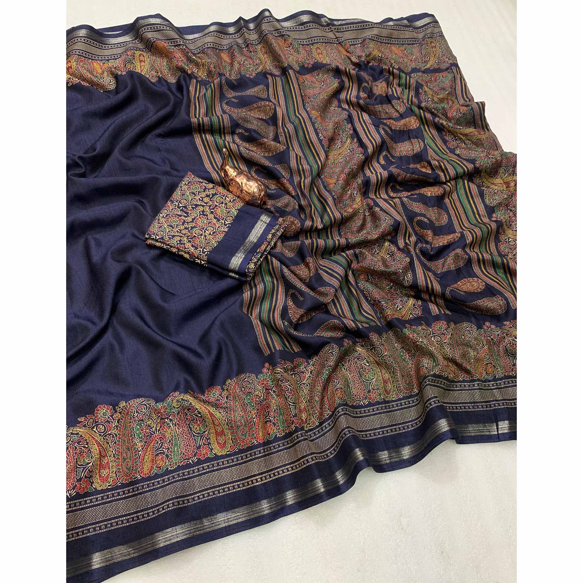 Navy Blue Silk Blend Saree With Timeless Kashmiri Print Elegance