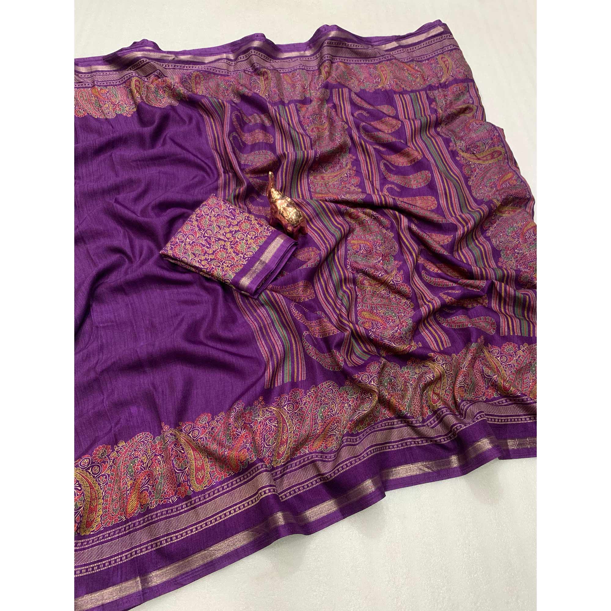 Traditional Purple Kashmiri Printed Silk Blend Saree