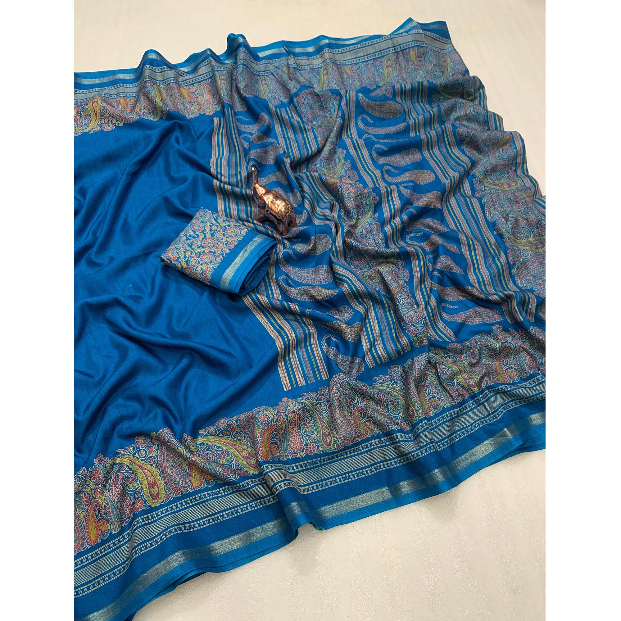 Traditional Teal Kashmiri Printed Silk Blend Saree