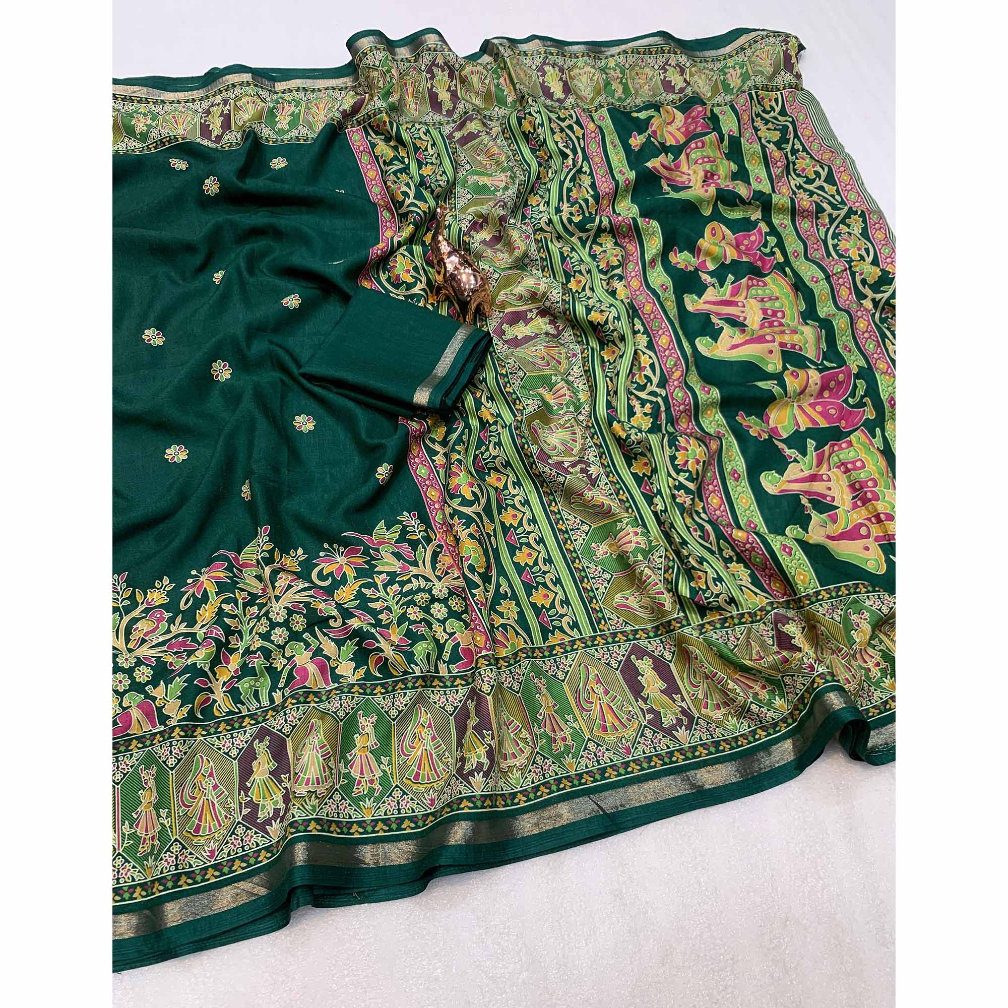 Green Cotton Blend Saree with Ethnic Kashmiri Inspired Paisley Design