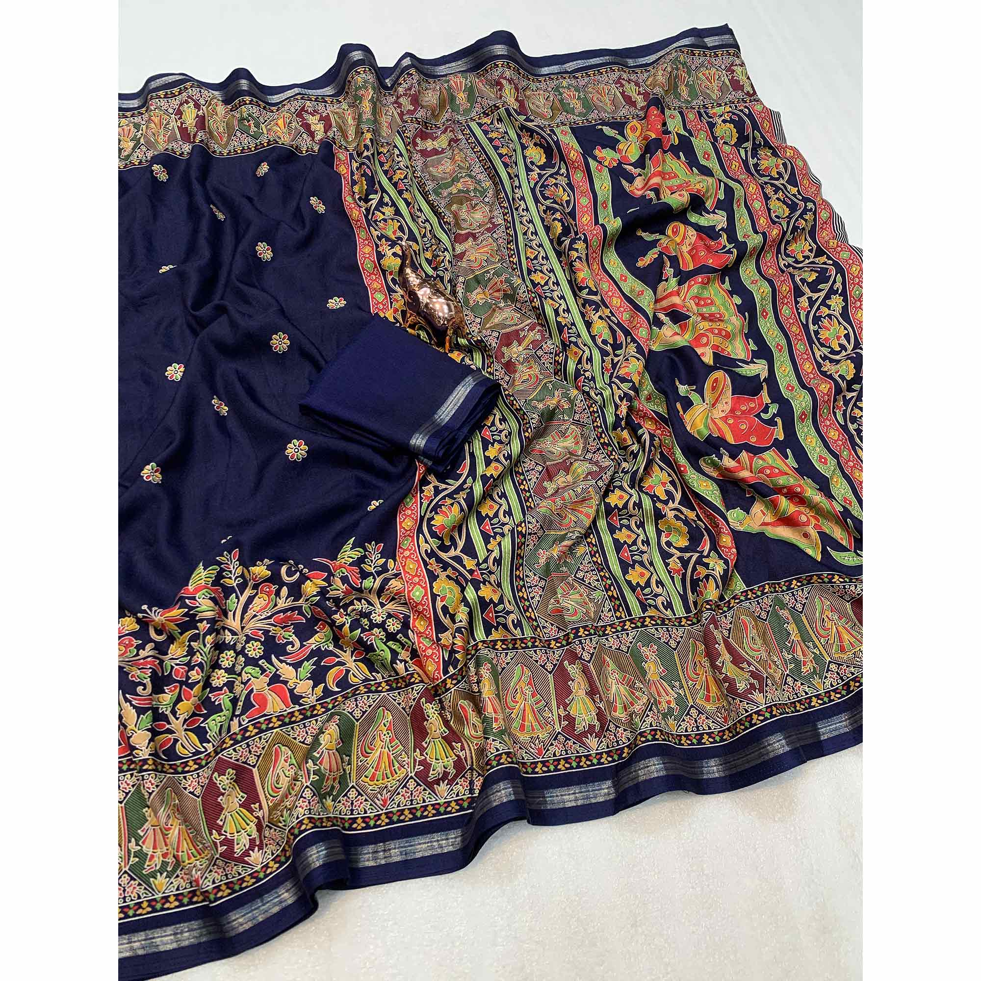 Navy Blue Cotton Blend Saree with Ethnic Kashmiri Inspired Paisley Design