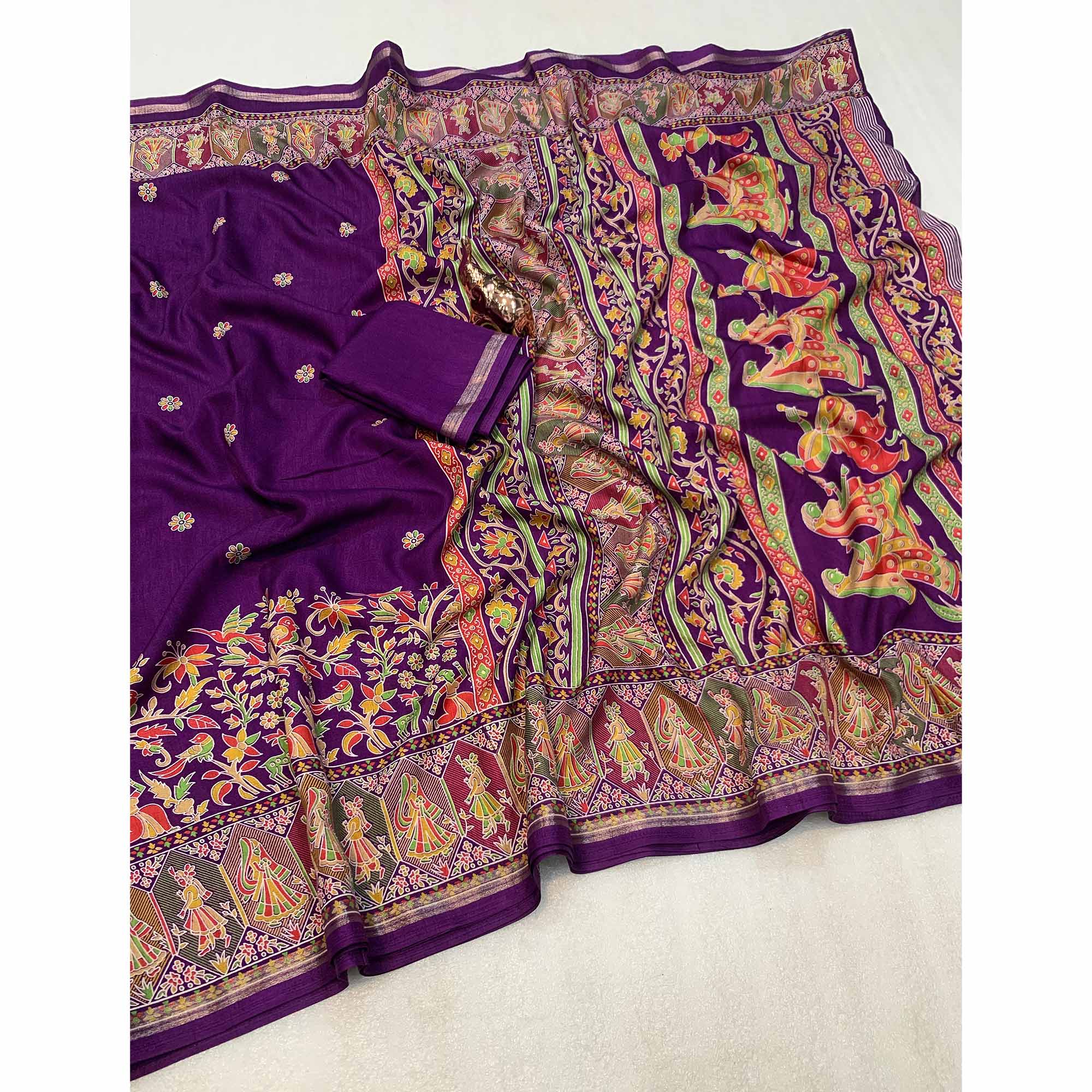 Purple Cotton Blend Saree with Ethnic Kashmiri Inspired Paisley Design