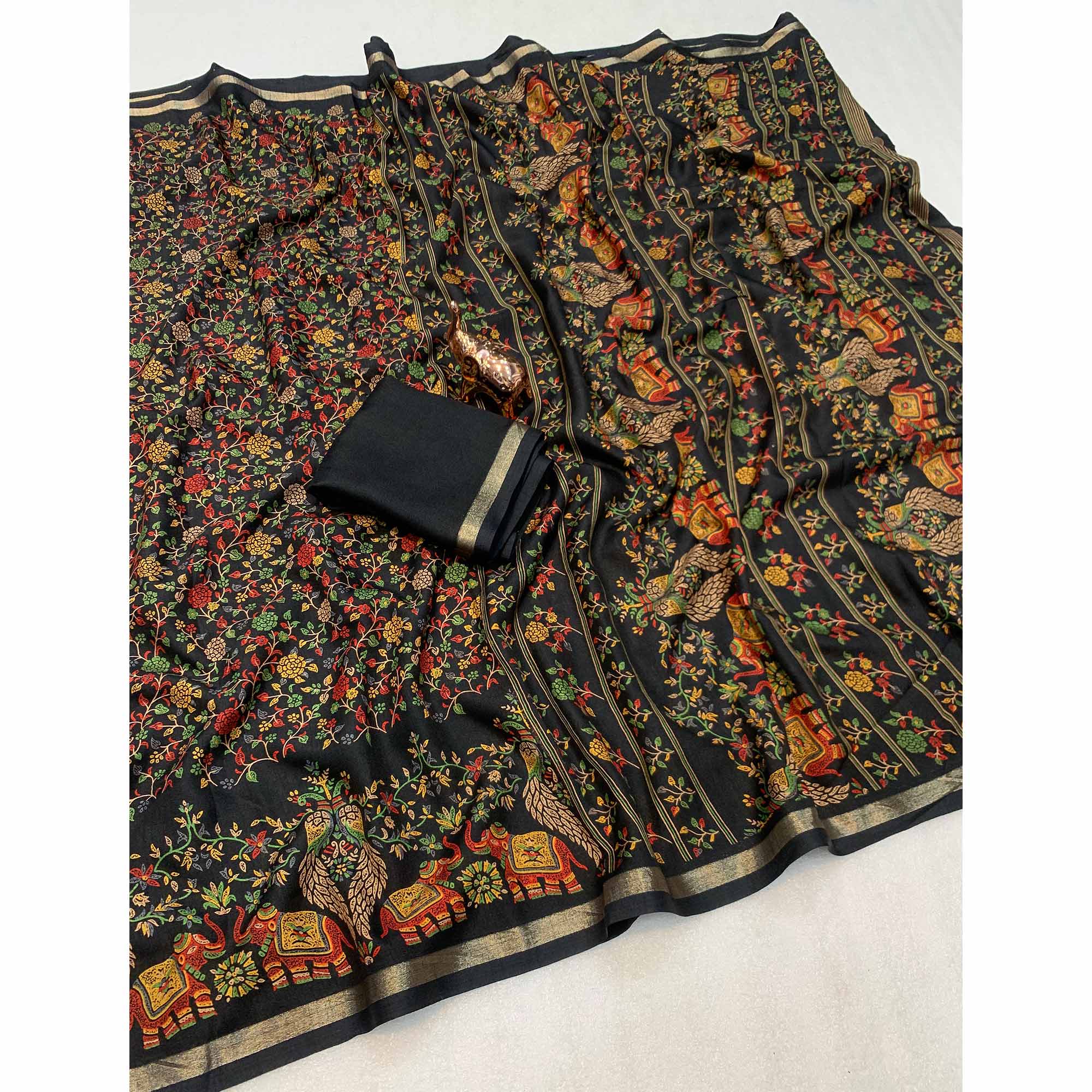 Black Floral Printed Tussar Silk Blend Saree Accentuated With Rich Zari Border Work