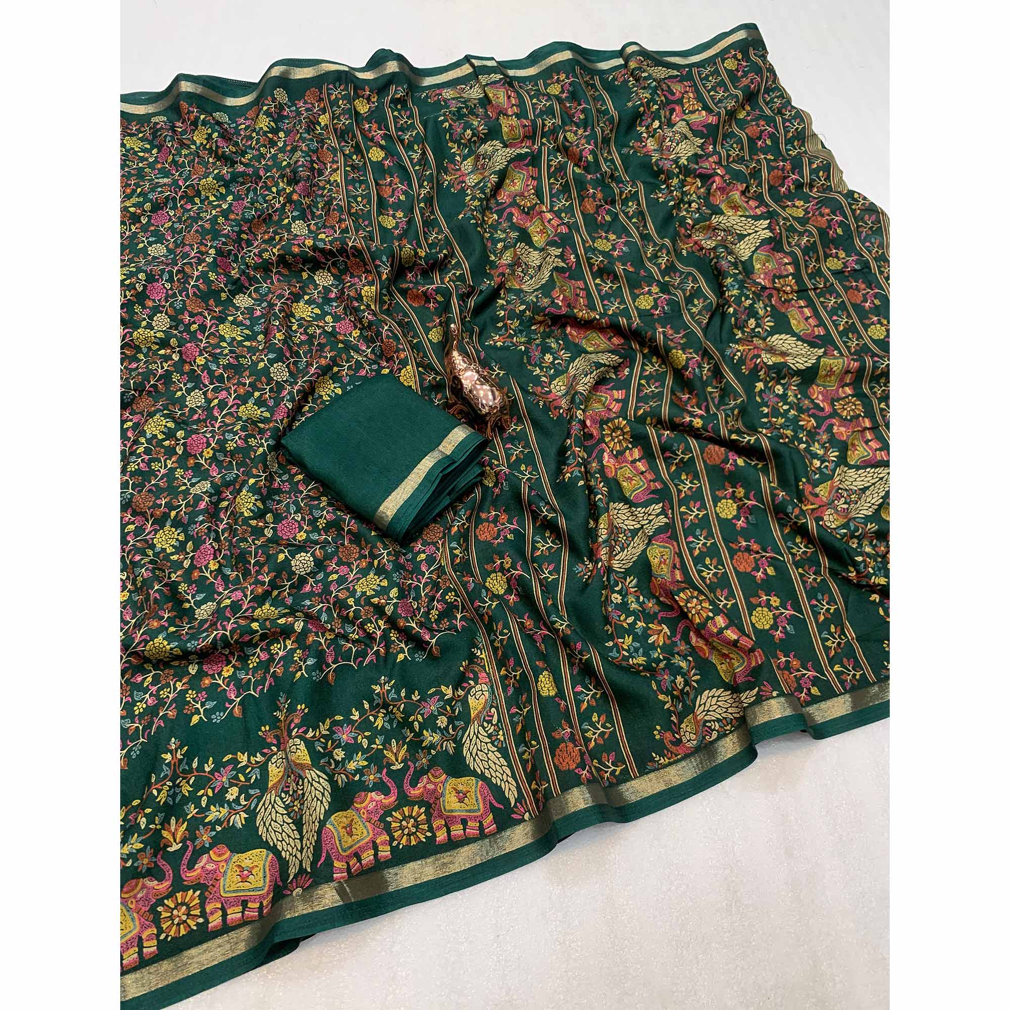Green Floral Printed Tussar Silk Blend Saree Accentuated With Rich Zari Border Work