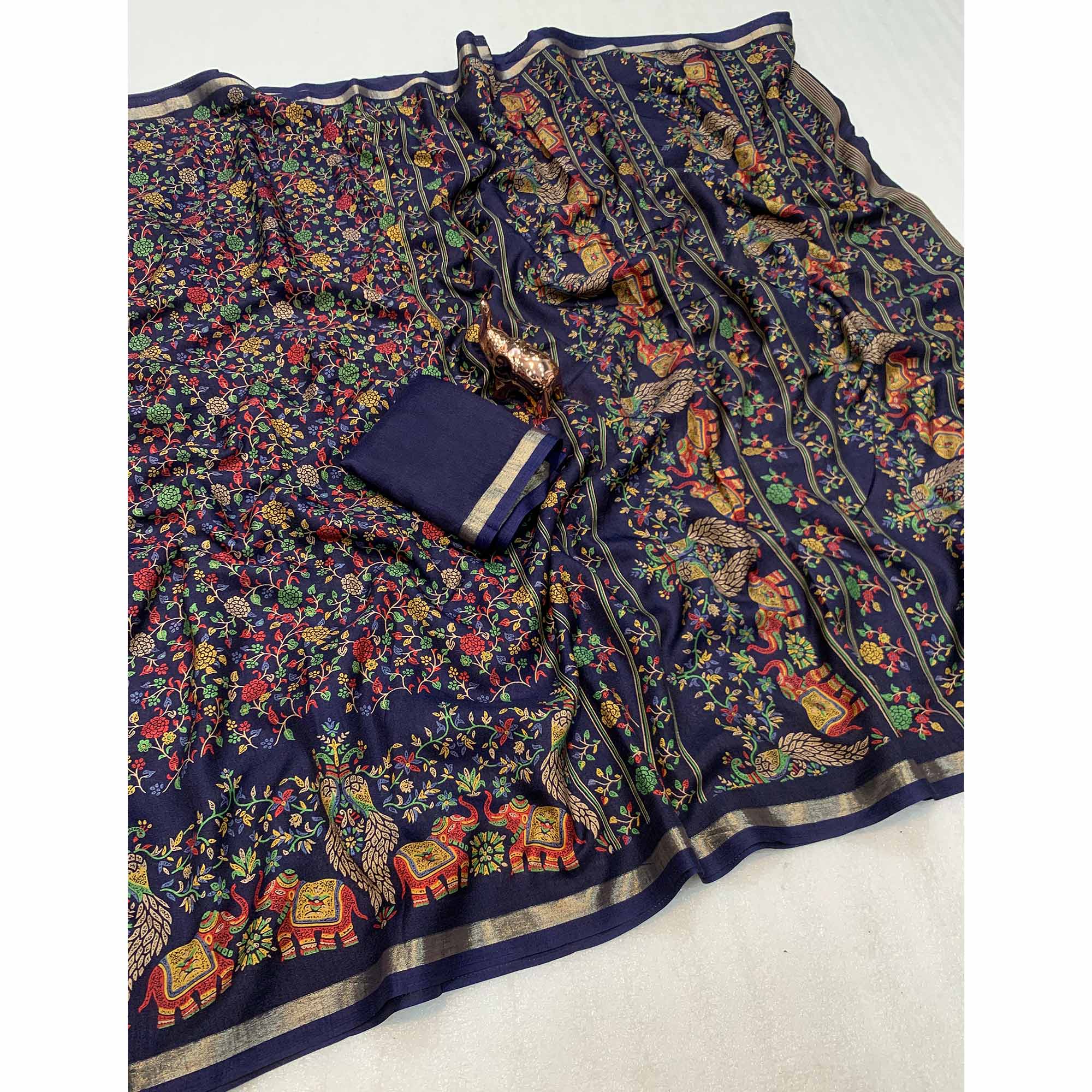 Navy Blue Floral Printed Tussar Silk Blend Saree Accentuated With Rich Zari Border Work