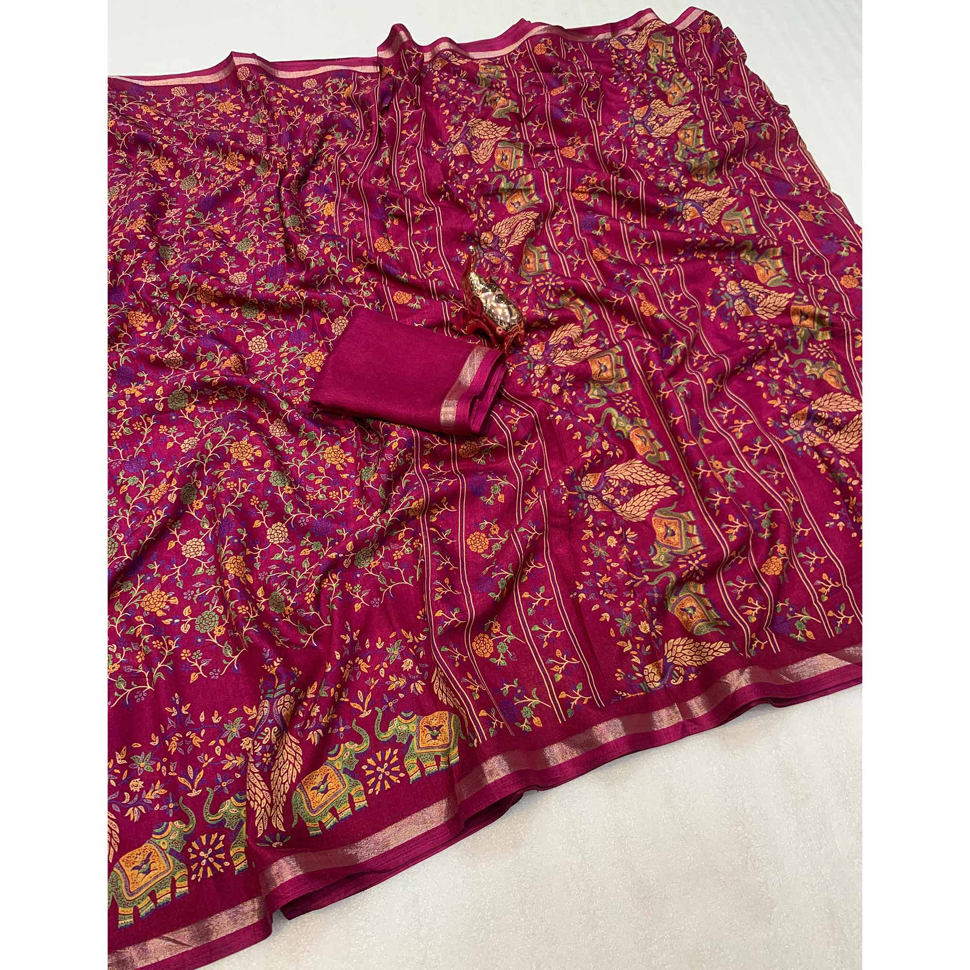 Wine Floral Printed Tussar Silk Blend Saree Accentuated With Rich Zari Border Work