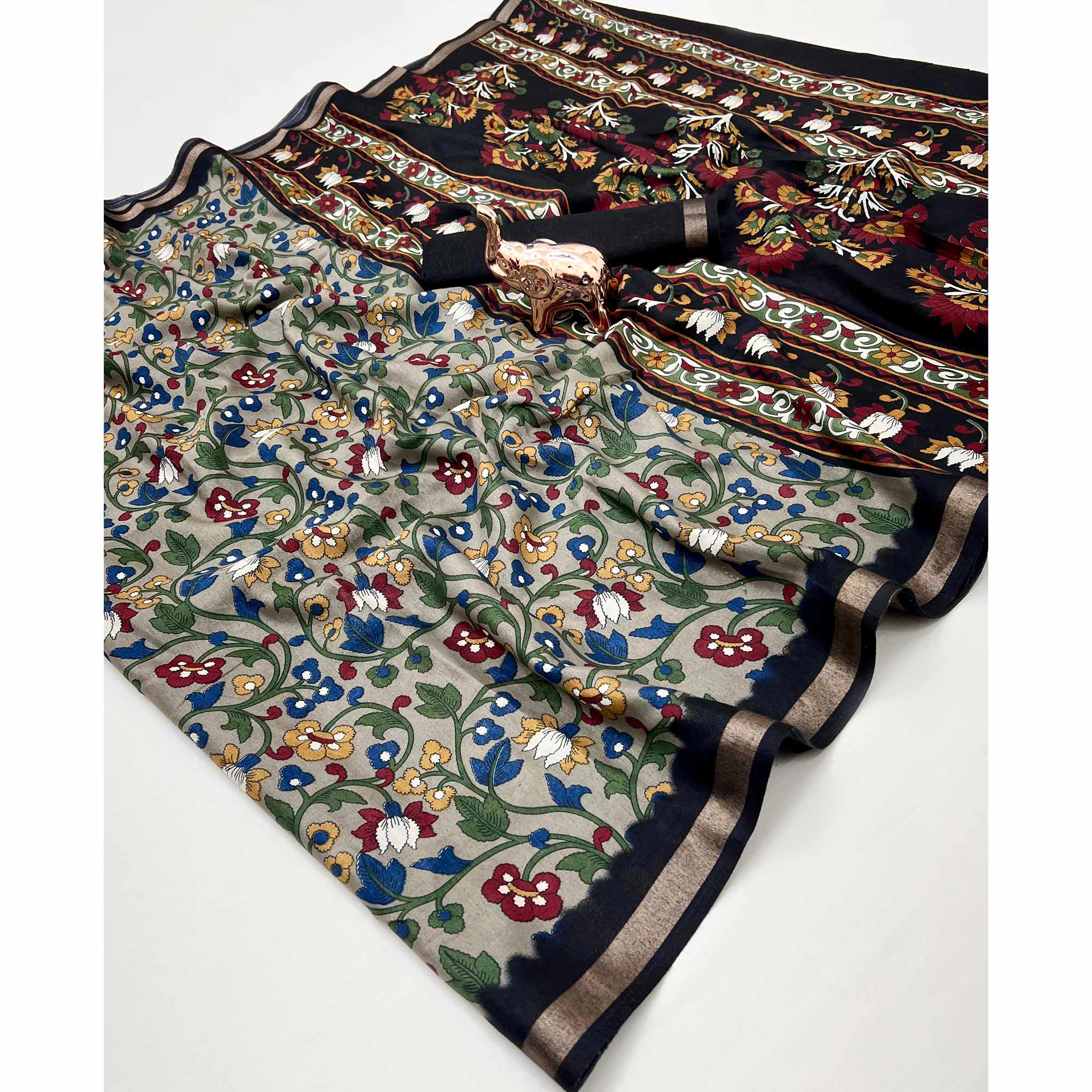 Beige Floral Printed Tussar Silk Blend Saree Enhanced With Intricate Zari Border Work