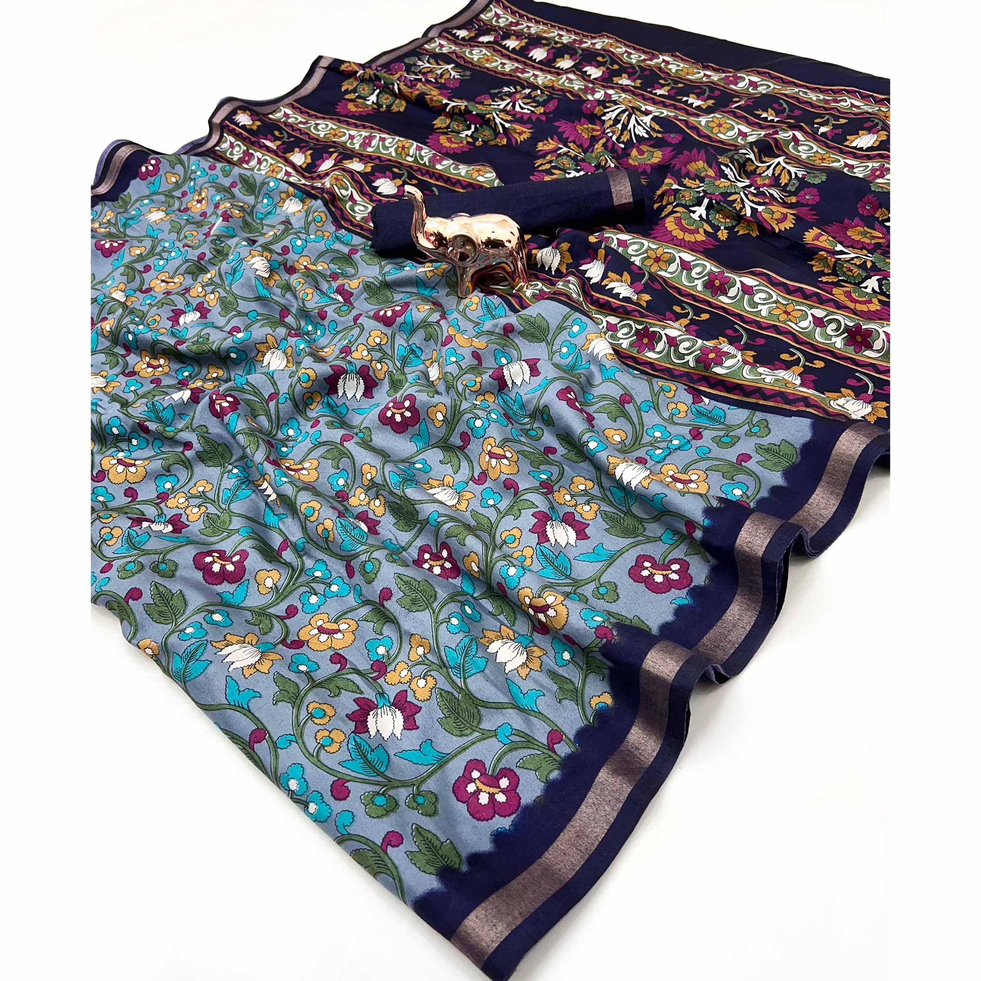 Grey Floral Printed Tussar Silk Blend Saree Enhanced With Intricate Zari Border Work