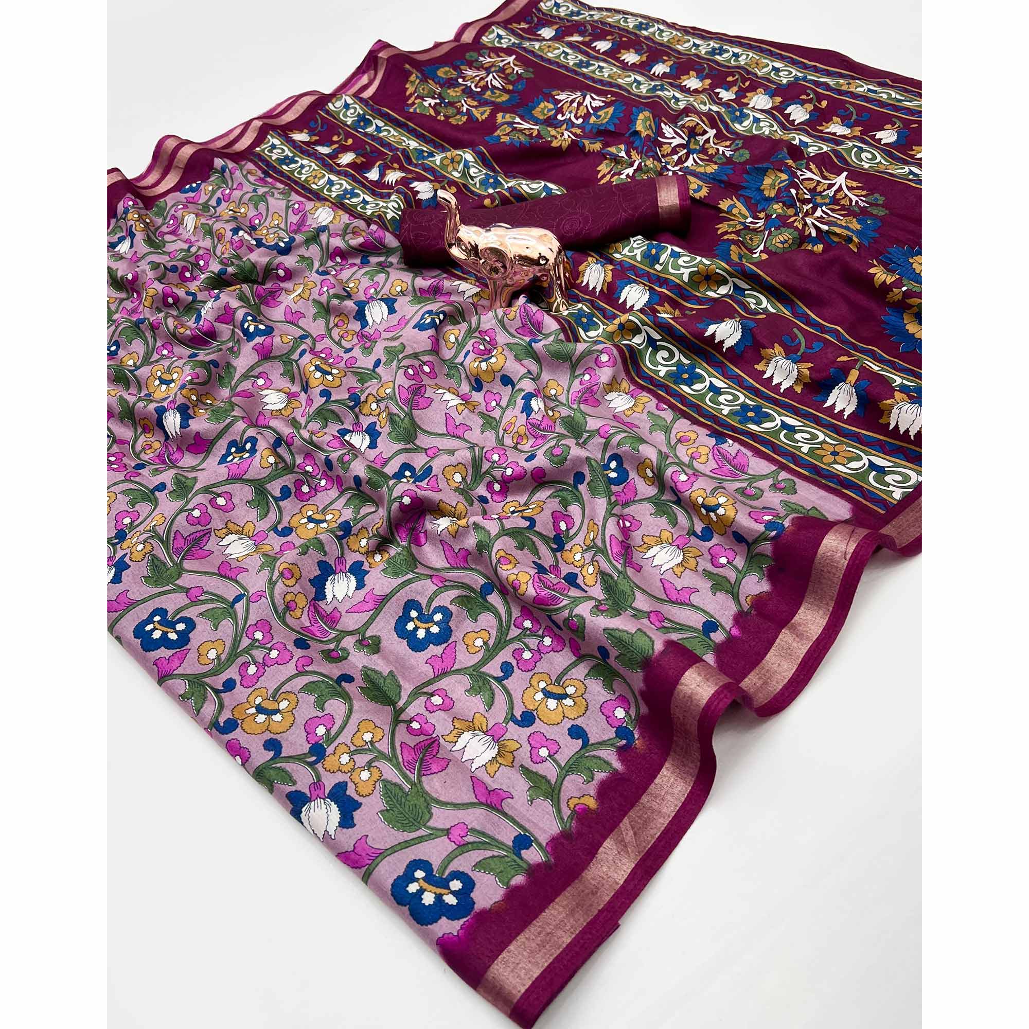 Pink Floral Printed Tussar Silk Blend Saree Enhanced With Intricate Zari Border Work