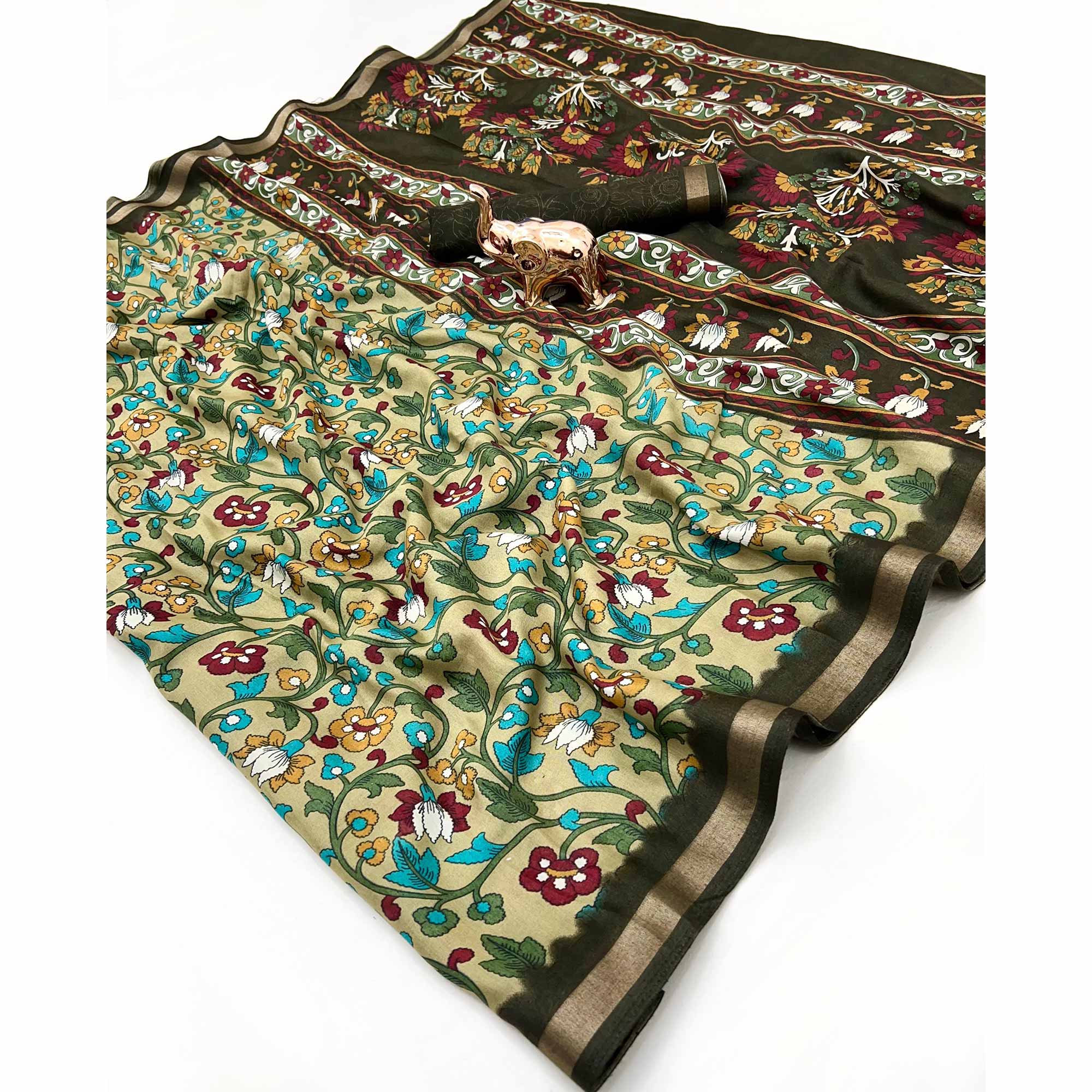 Pista Green Floral Printed Tussar Silk Blend Saree Enhanced With Intricate Zari Border Work