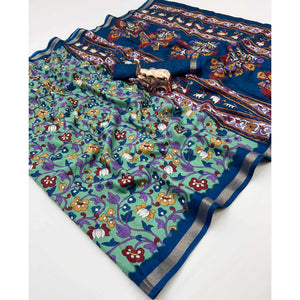 Sea Green Floral Printed Tussar Silk Blend Saree Enhanced With Intricate Zari Border Work