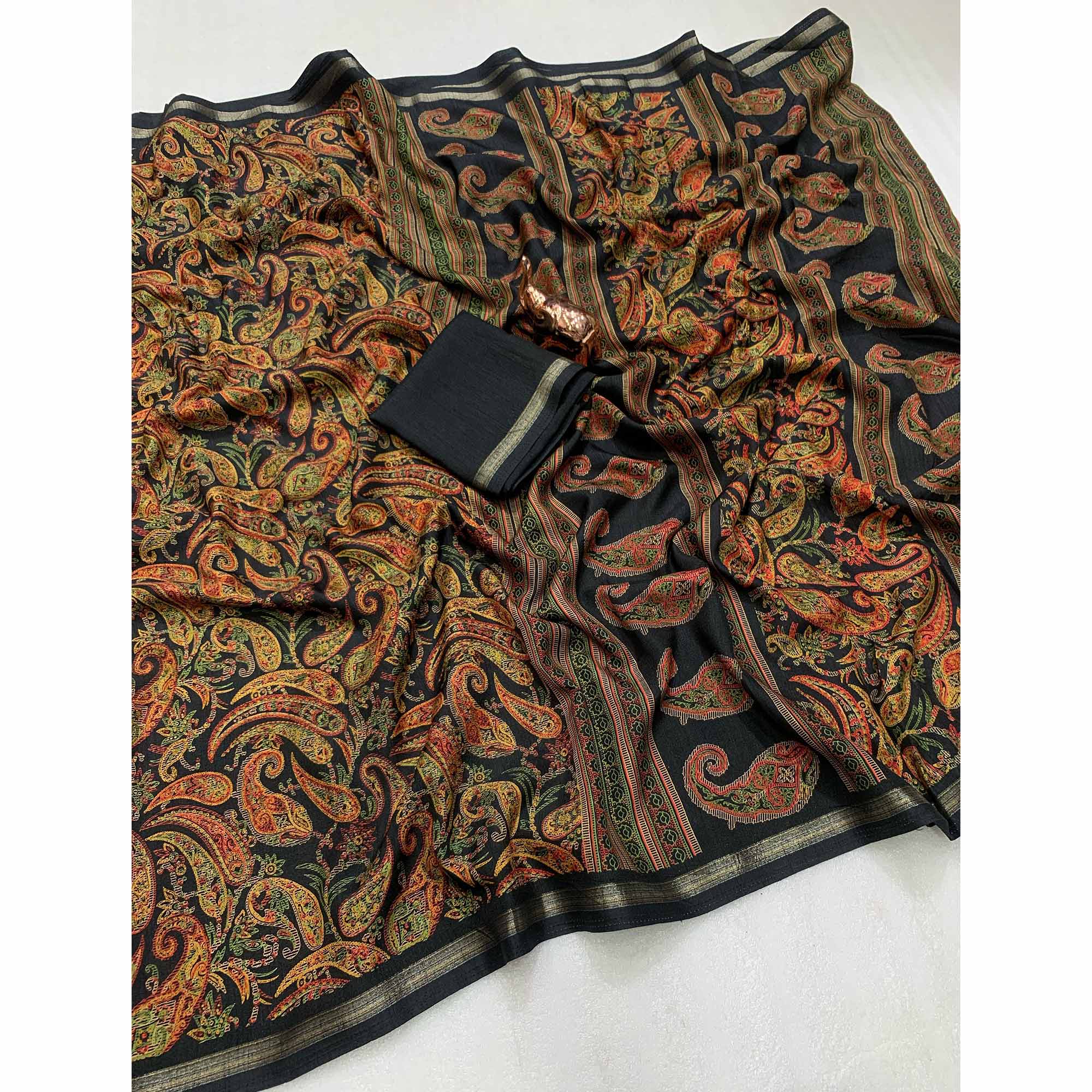 Black Cotton Blend Saree with Ethnic Kashmiri-Inspired Paisley Design