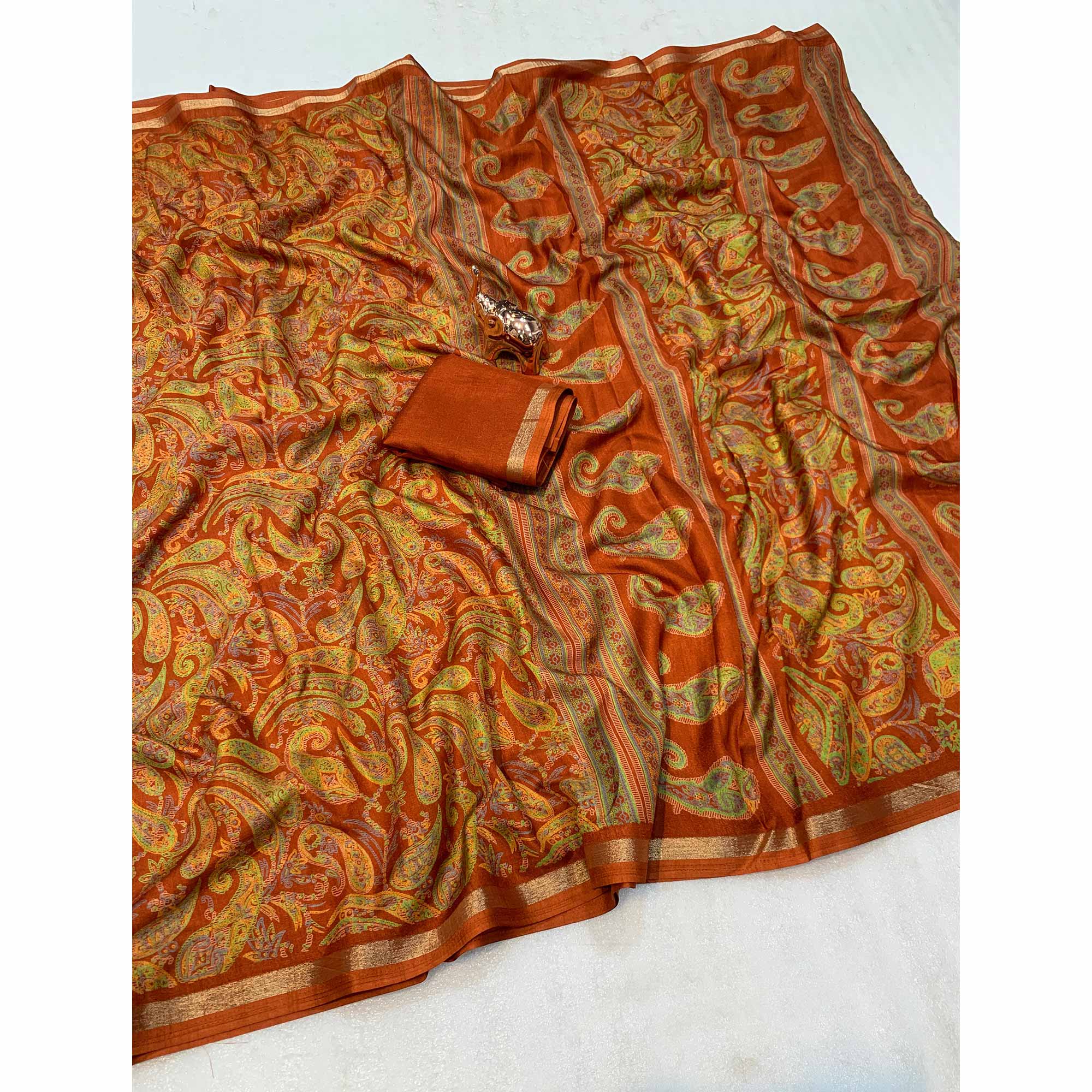 Brown Cotton Blend Saree with Ethnic Kashmiri-Inspired Paisley Design